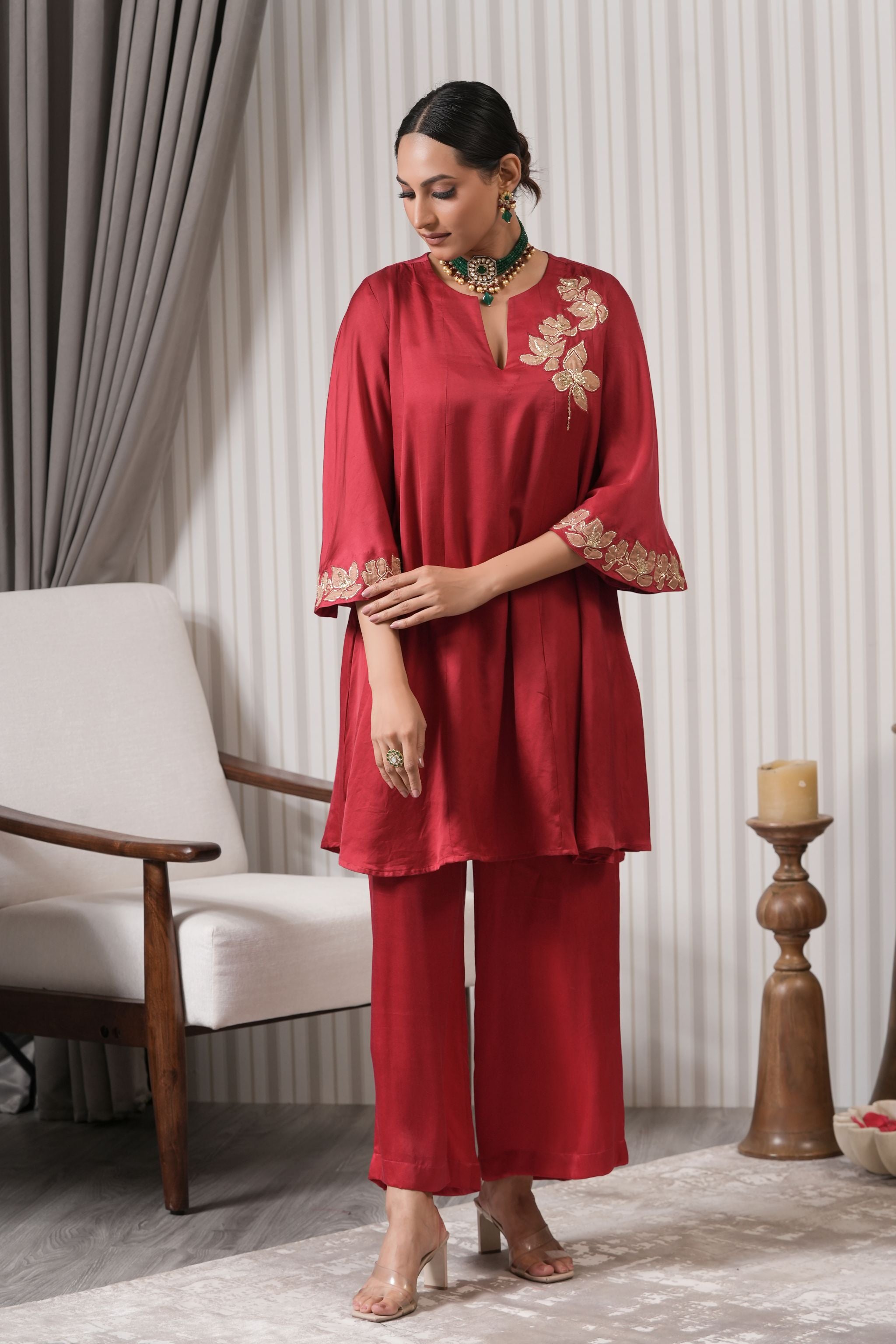 Embroidered Silk A-line Kurta Set - Red Pink