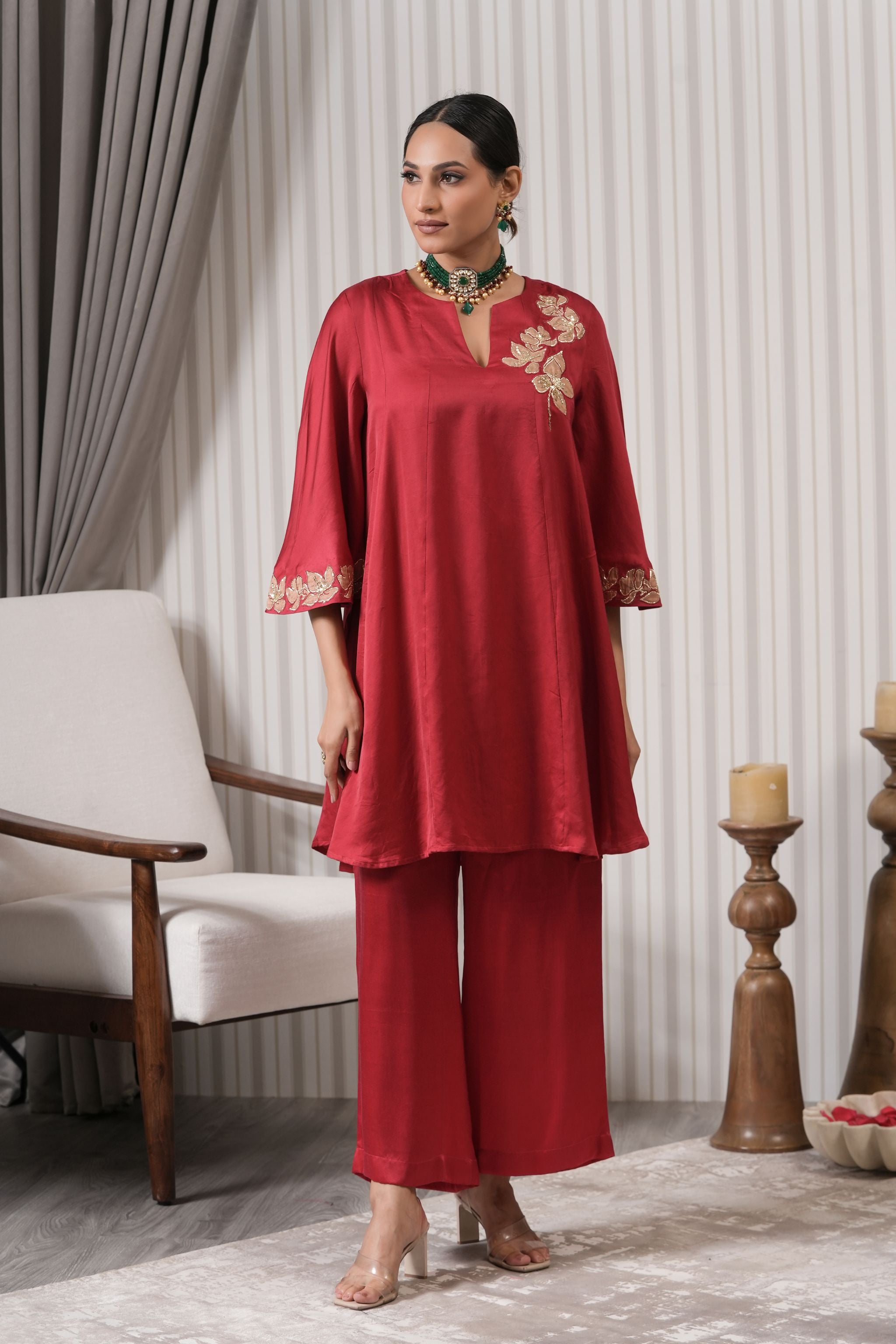 Embroidered Silk A-line Kurta Set - Red Pink