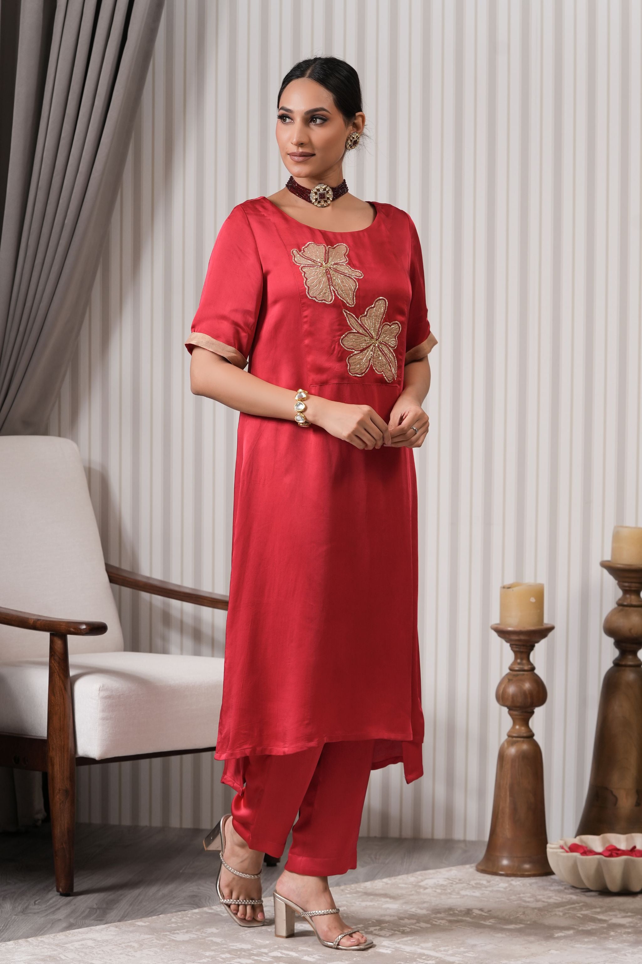 Embroidered Silk A-line Kurta Set - Red Pink