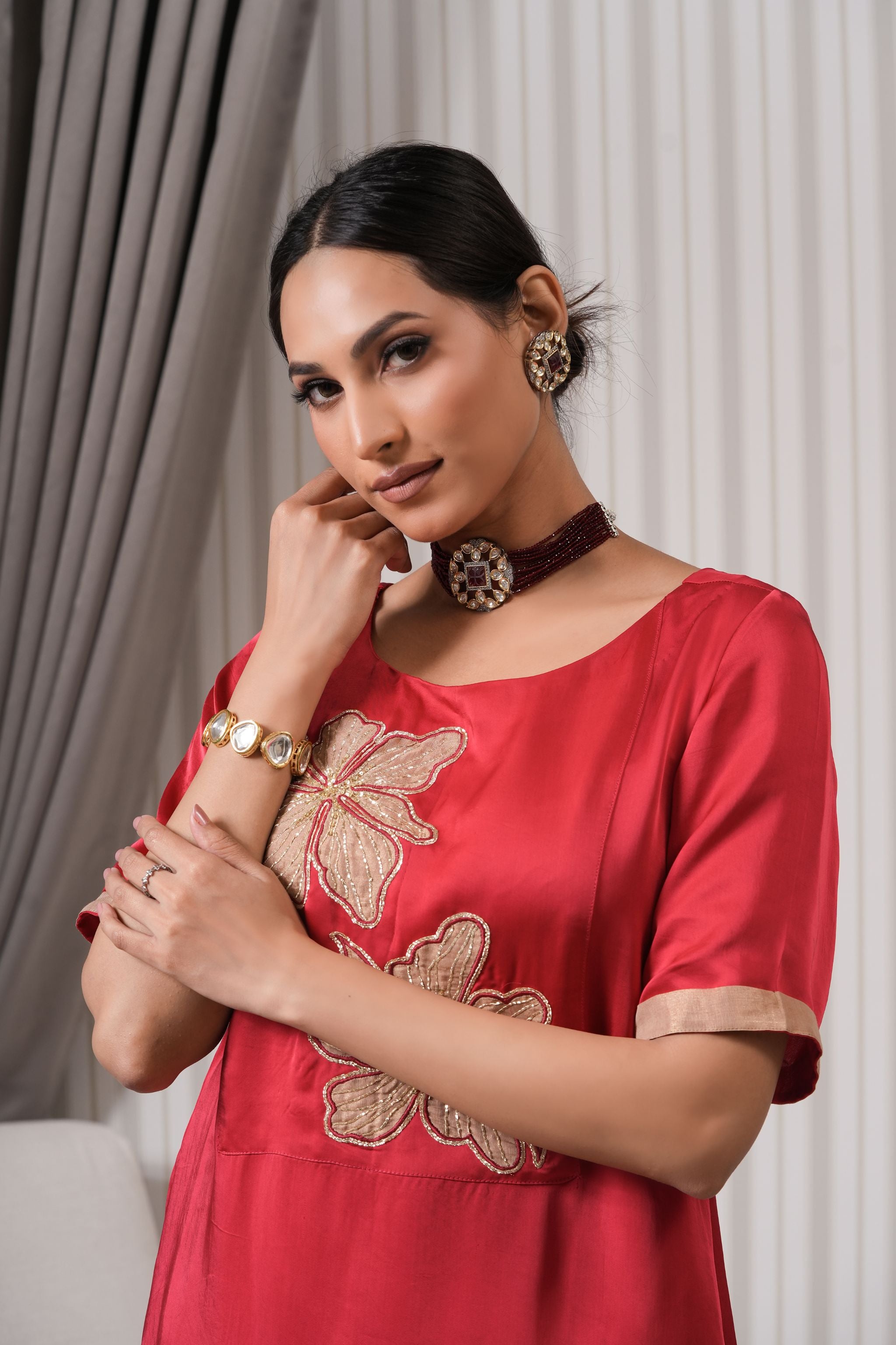 Embroidered Silk A-line Kurta Set - Red Pink