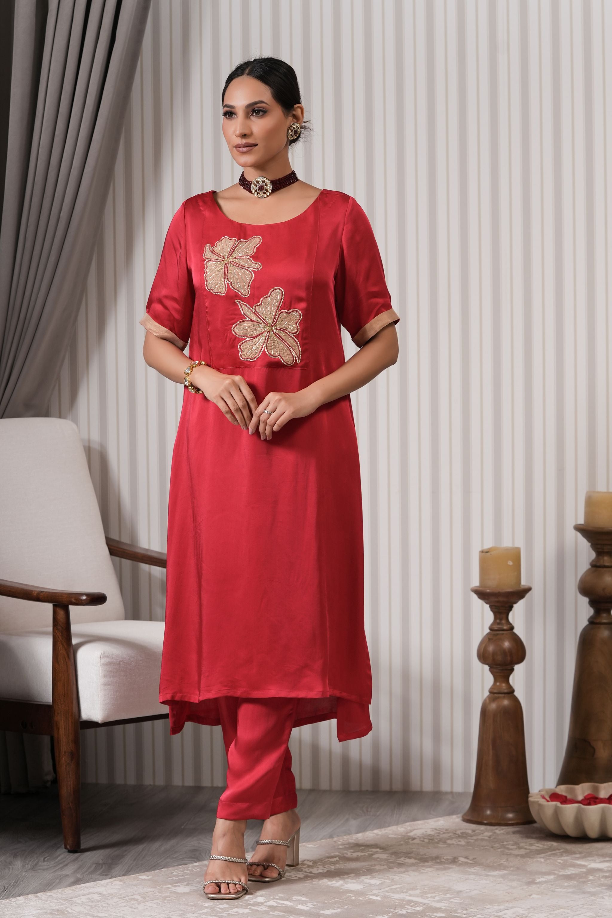 Embroidered Silk A-line Kurta Set - Red Pink