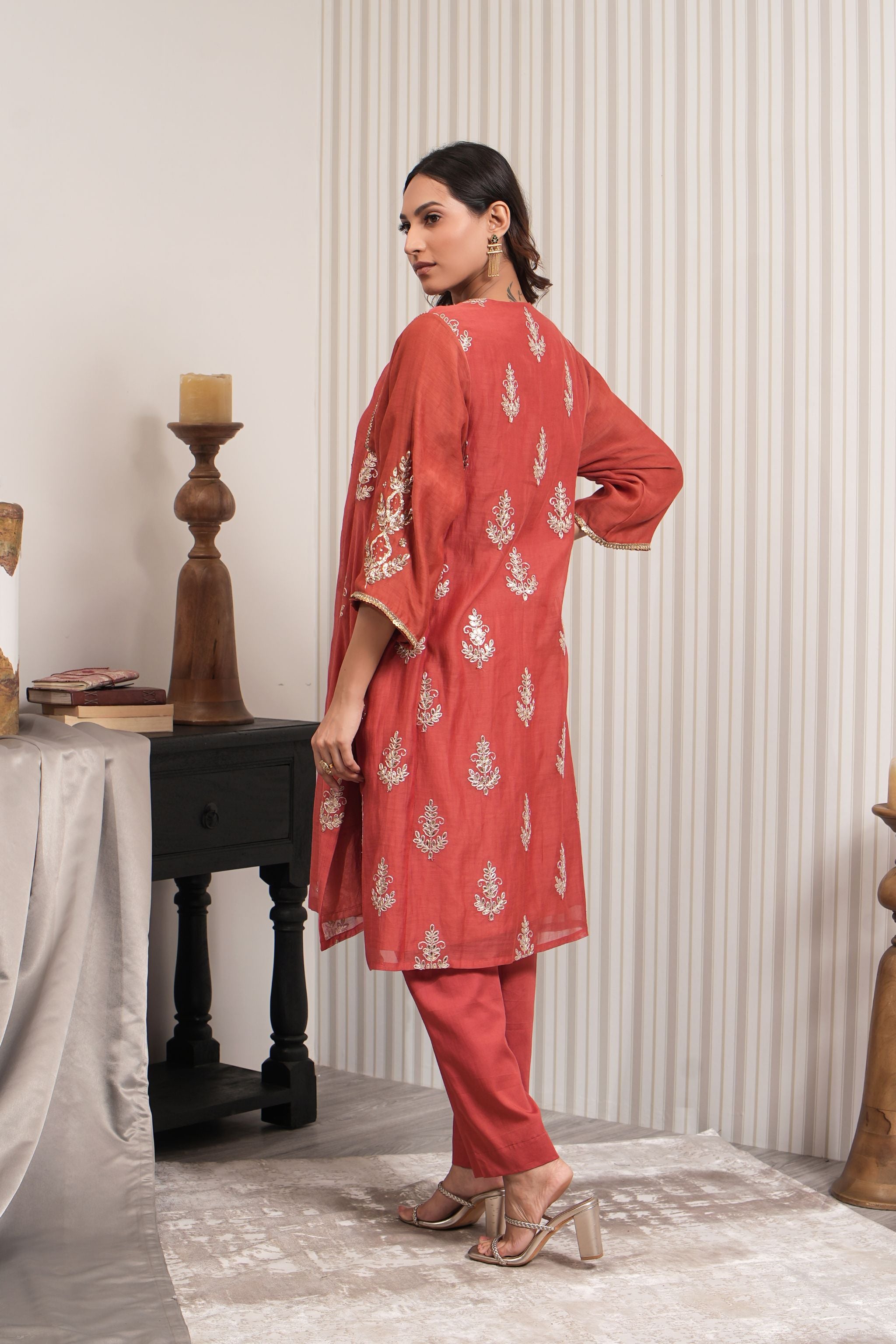 Pure Embroidered Chanderi A-line Kurta Set - Rust