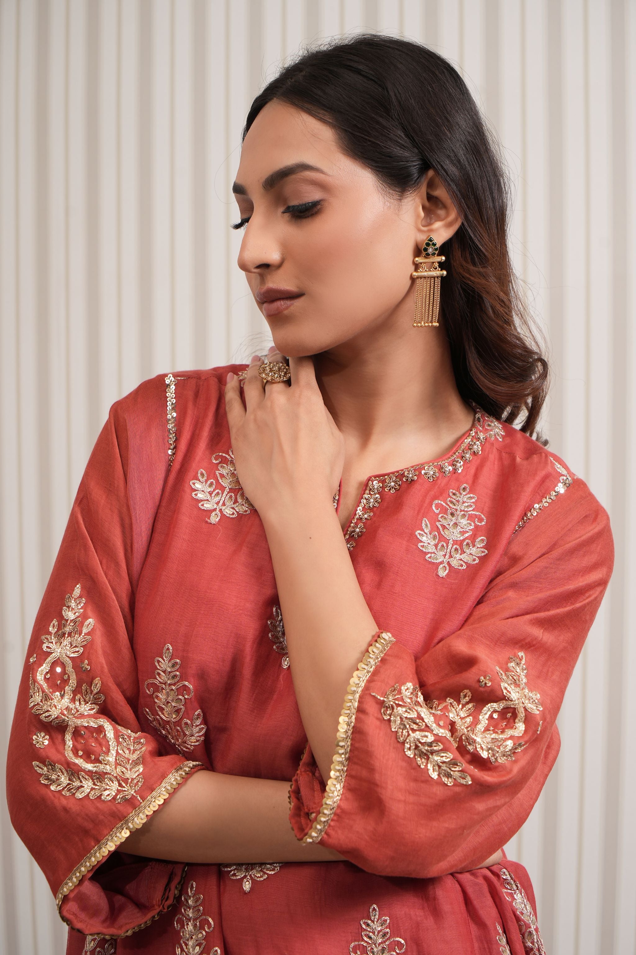 Pure Embroidered Chanderi A-line Kurta Set - Rust