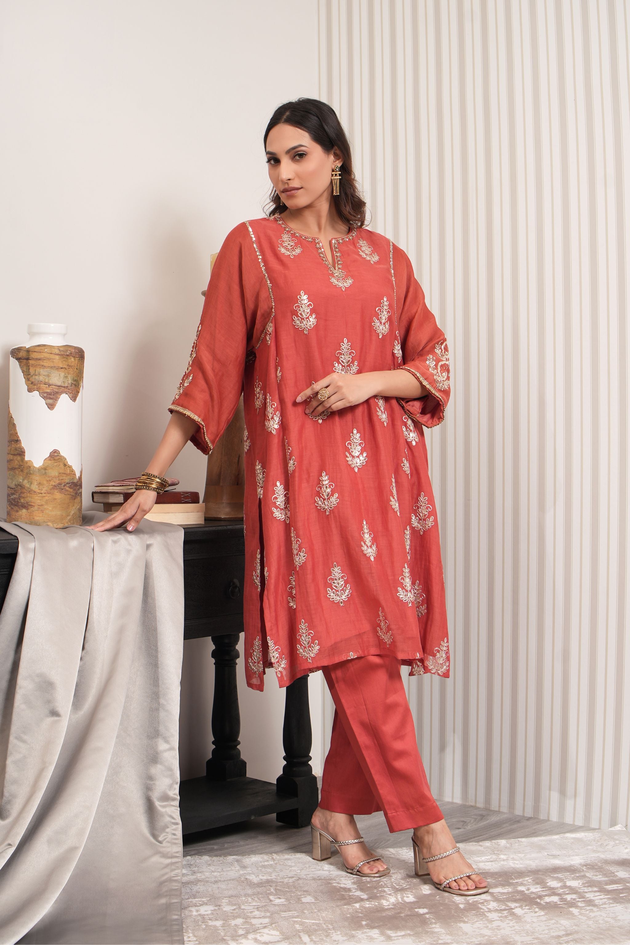 Pure Embroidered Chanderi A-line Kurta Set - Rust