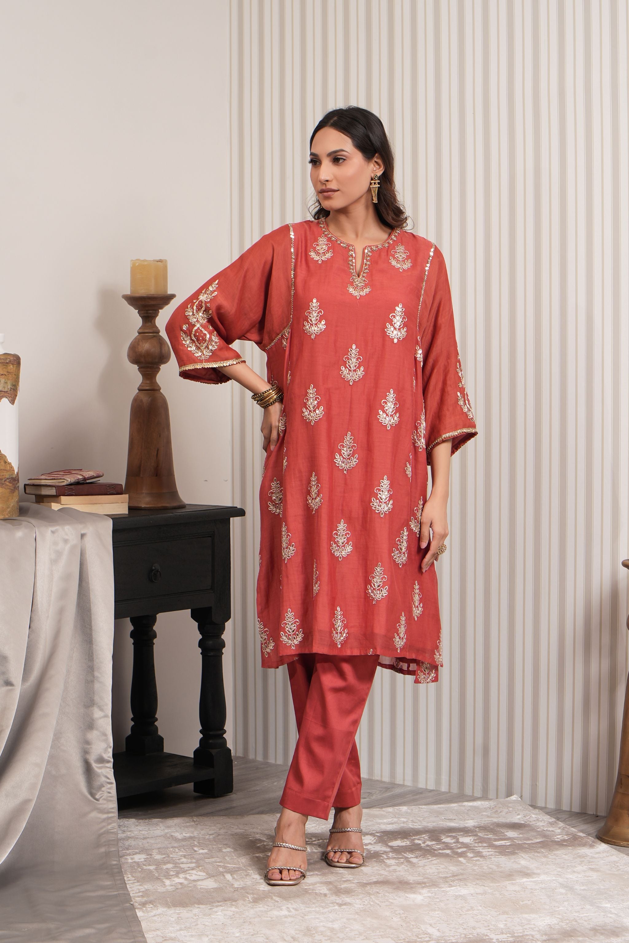 Pure Embroidered Chanderi A-line Kurta Set - Rust