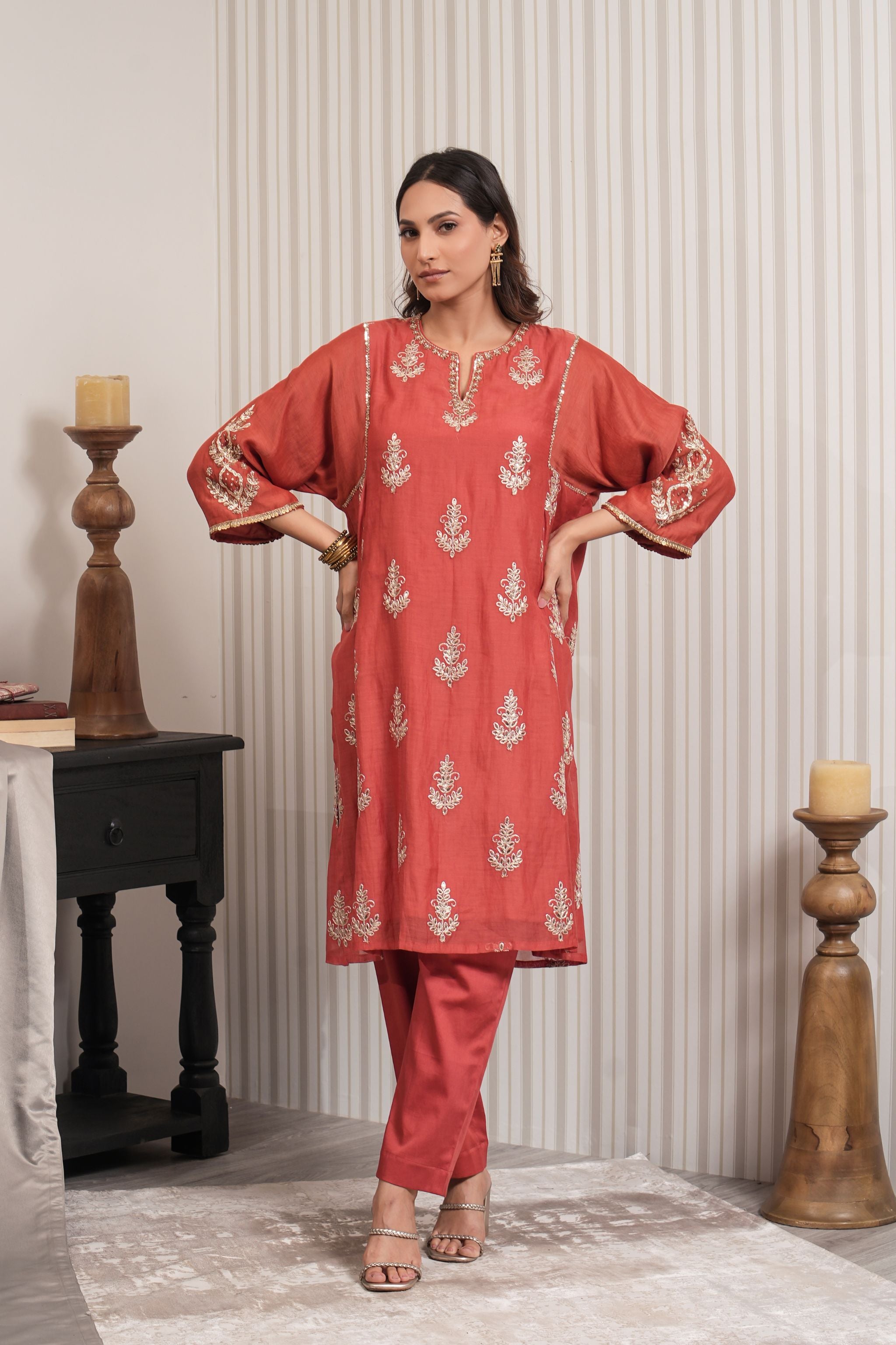 Pure Embroidered Chanderi A-line Kurta Set - Rust