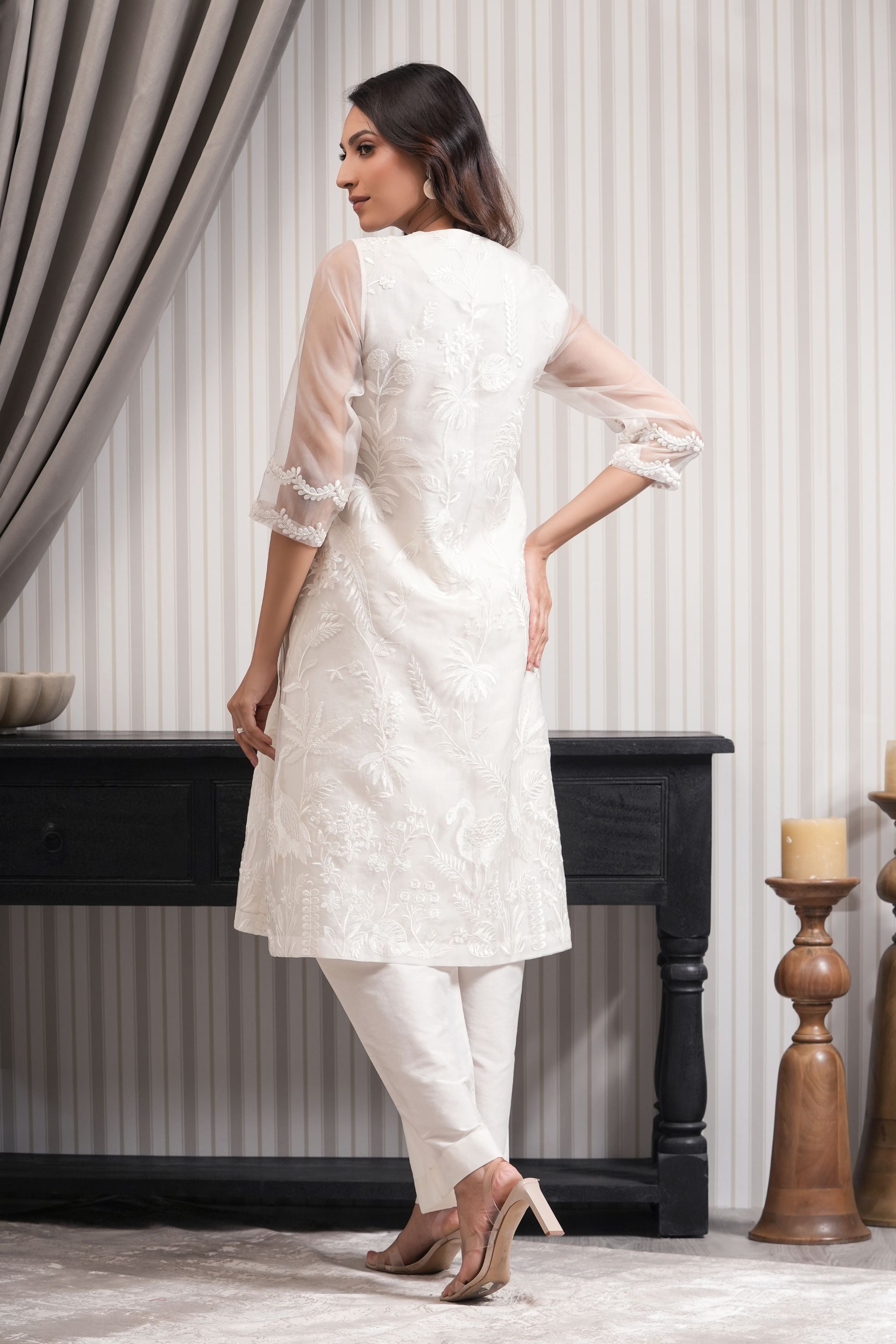 Pure Embroidered Tissue Straight Kurta Set - White