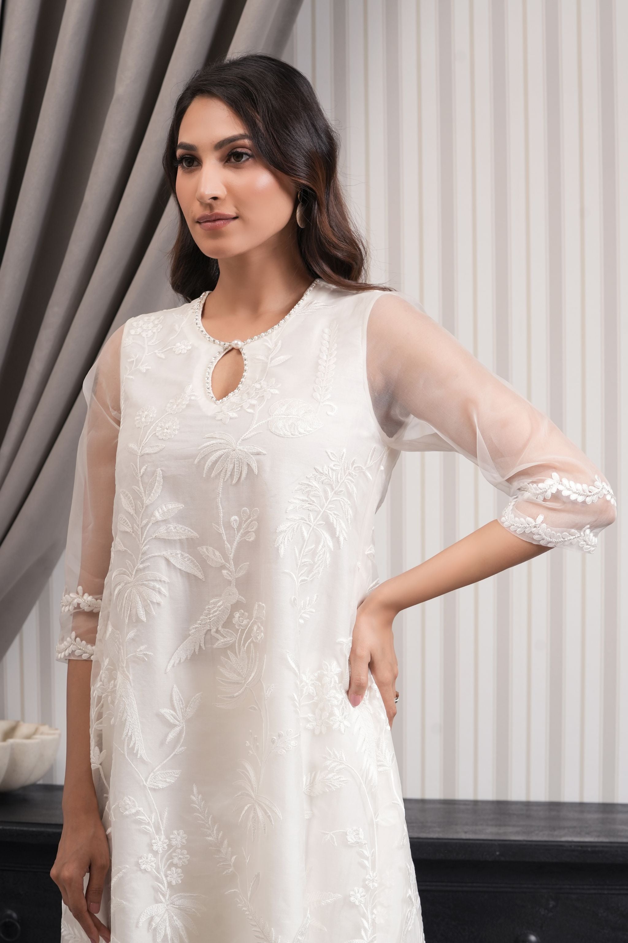 Pure Embroidered Tissue Straight Kurta Set - White