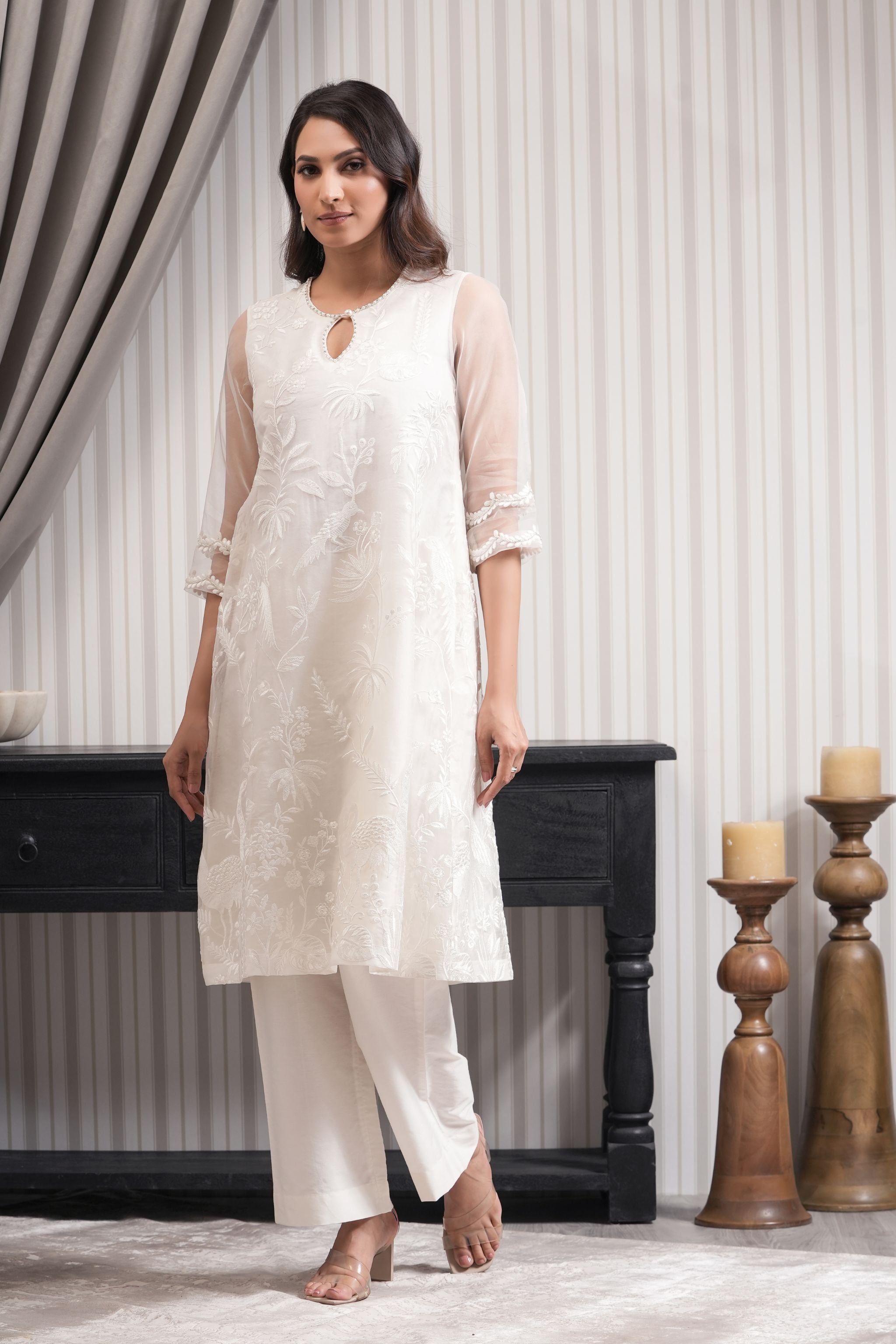 Pure Embroidered Tissue Straight Kurta Set - White