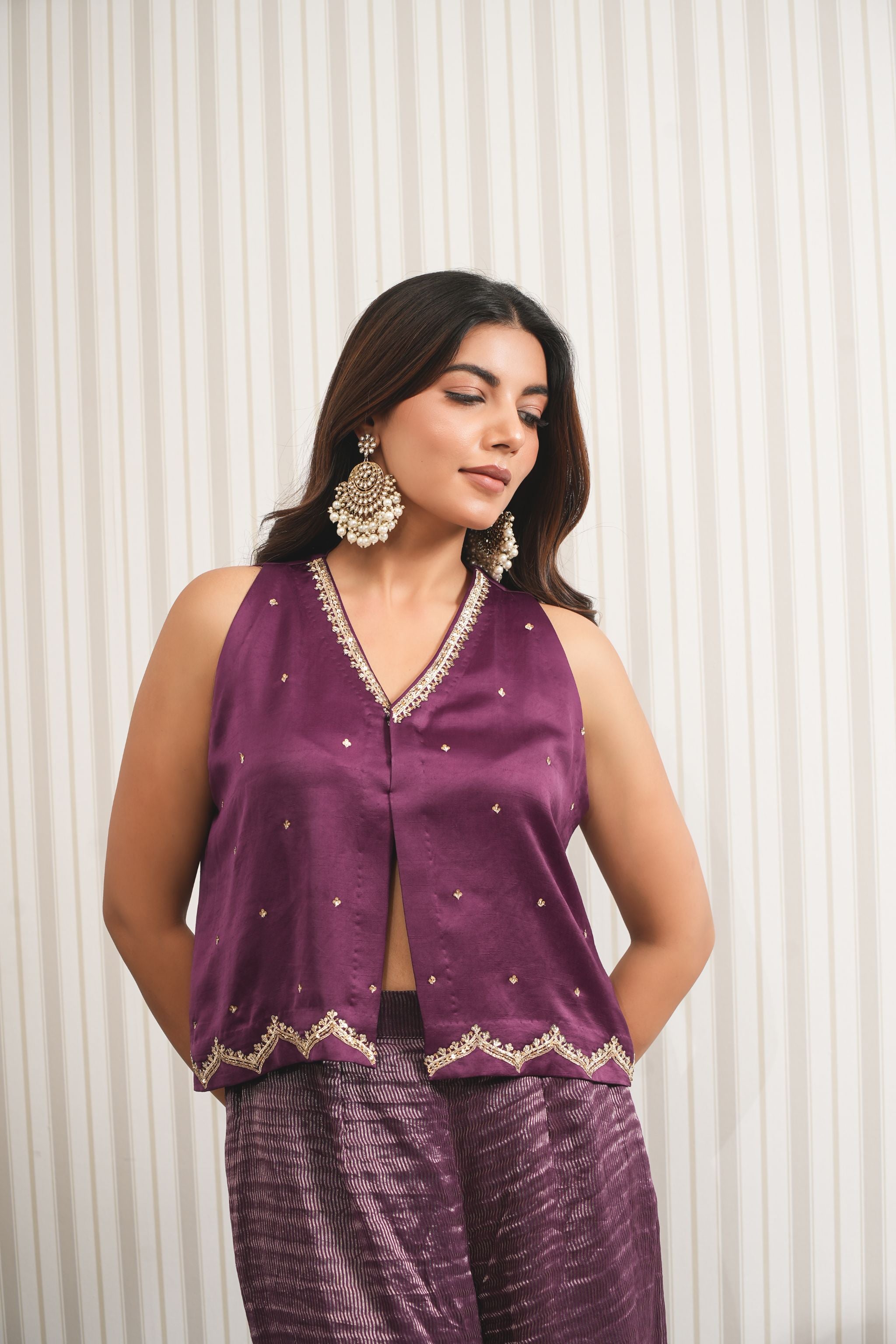 Embroidered Short Kurti Sharara Set - Wine
