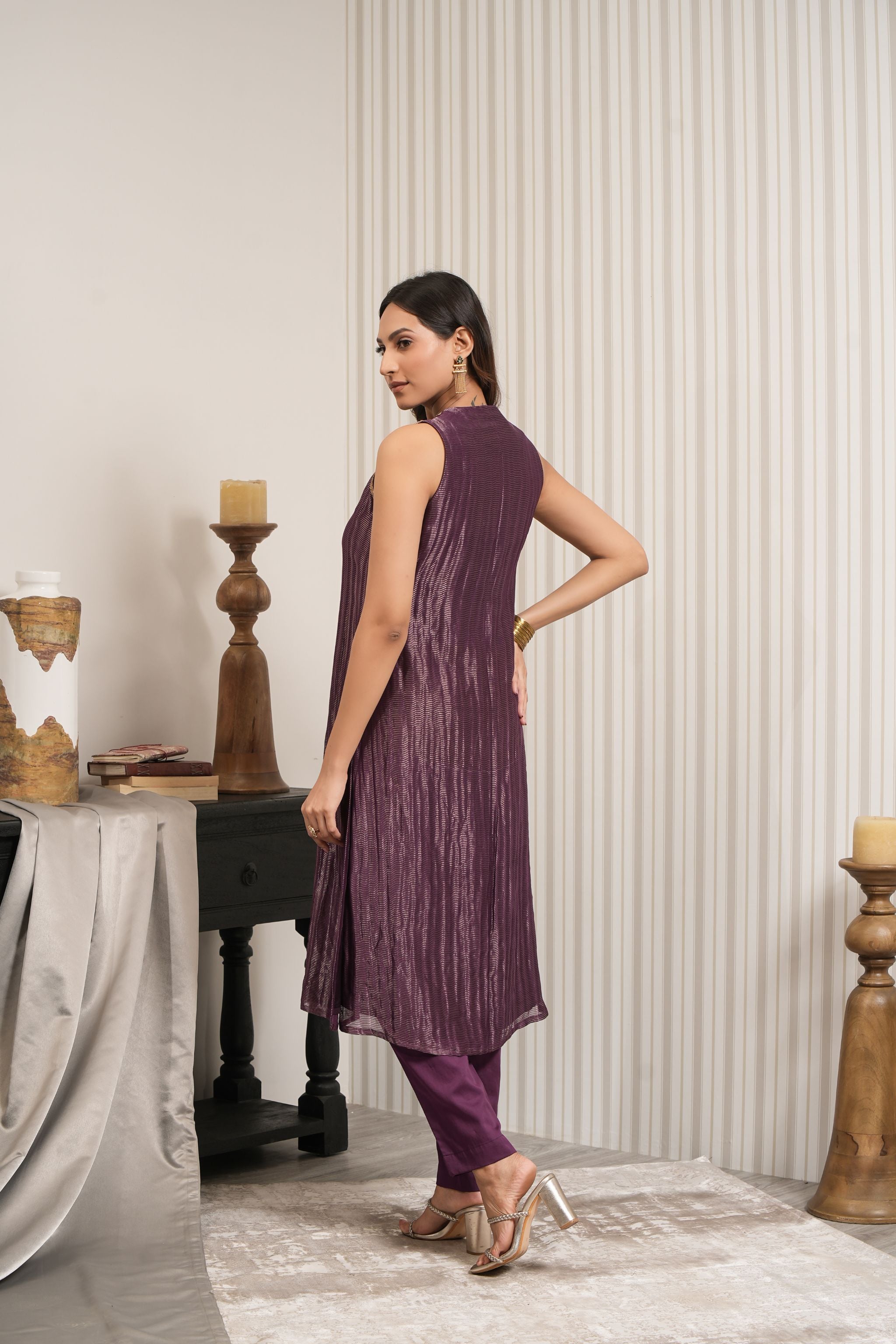 Chanderi Silk A-line Kurta Set - Wine