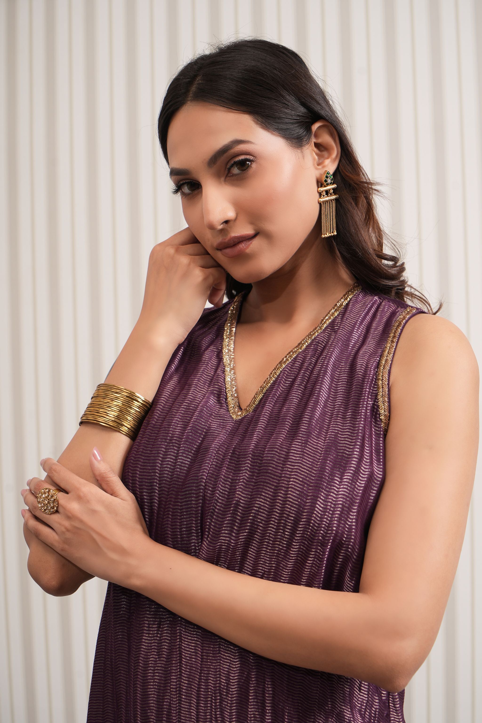 Chanderi Silk A-line Kurta Set - Wine