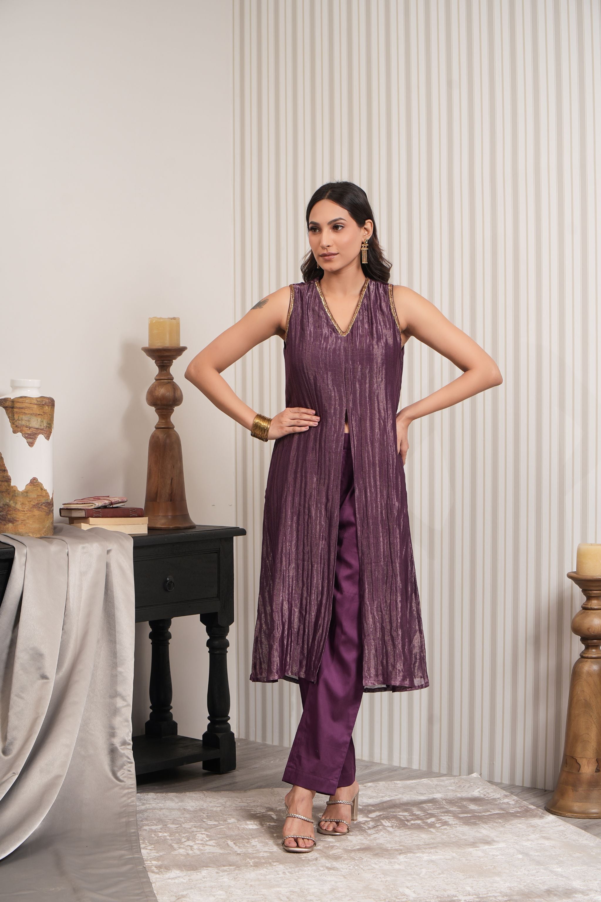 Chanderi Silk A-line Kurta Set - Wine
