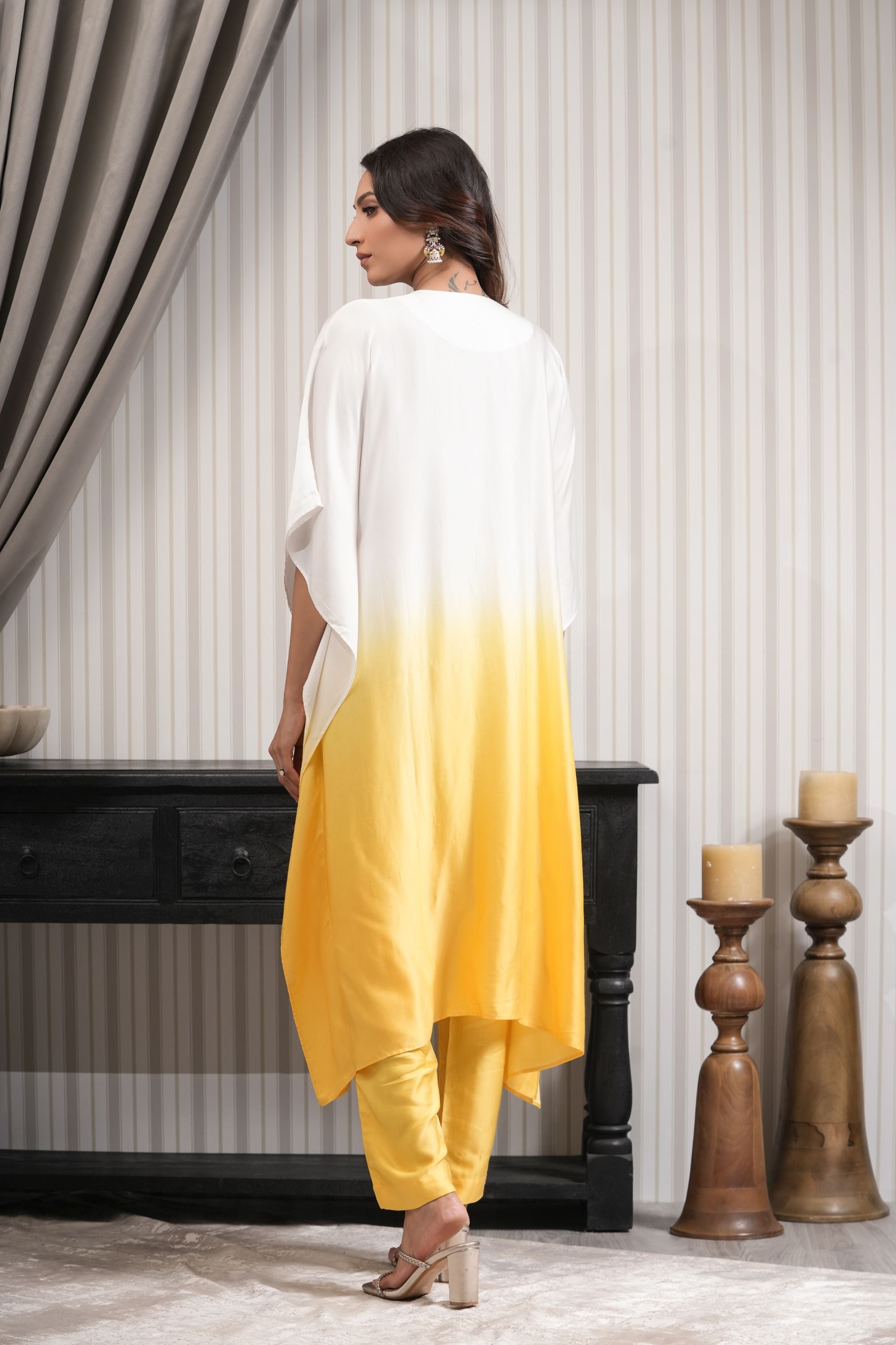 Embroidered Asymmetric Kurta Set - Yellow