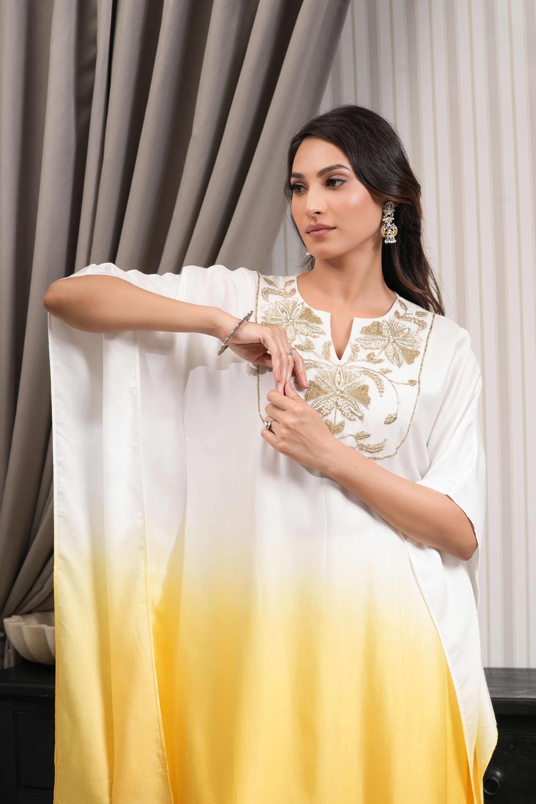 Embroidered Asymmetric Kurta Set - Yellow