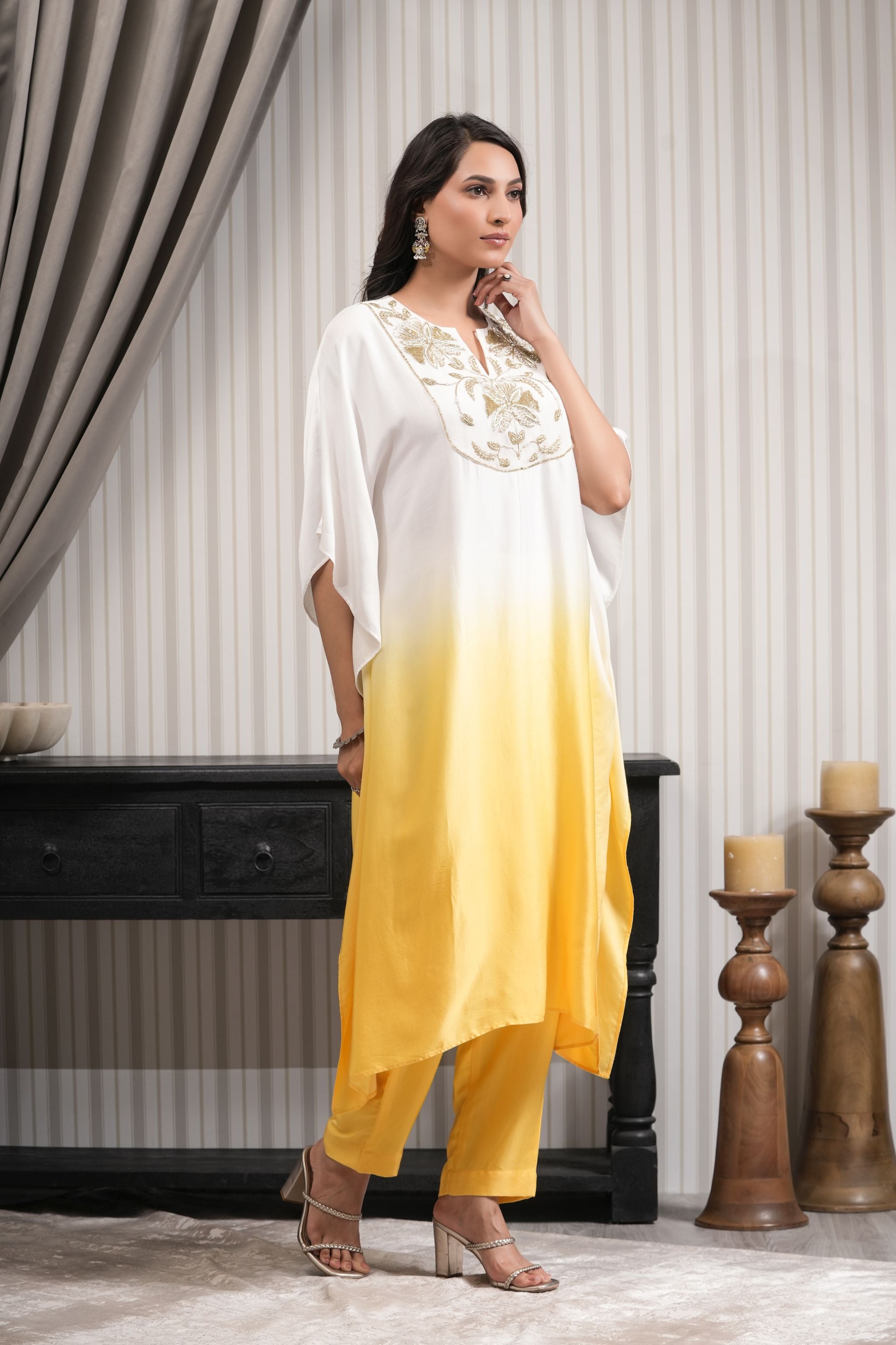 Embroidered Asymmetric Kurta Set - Yellow