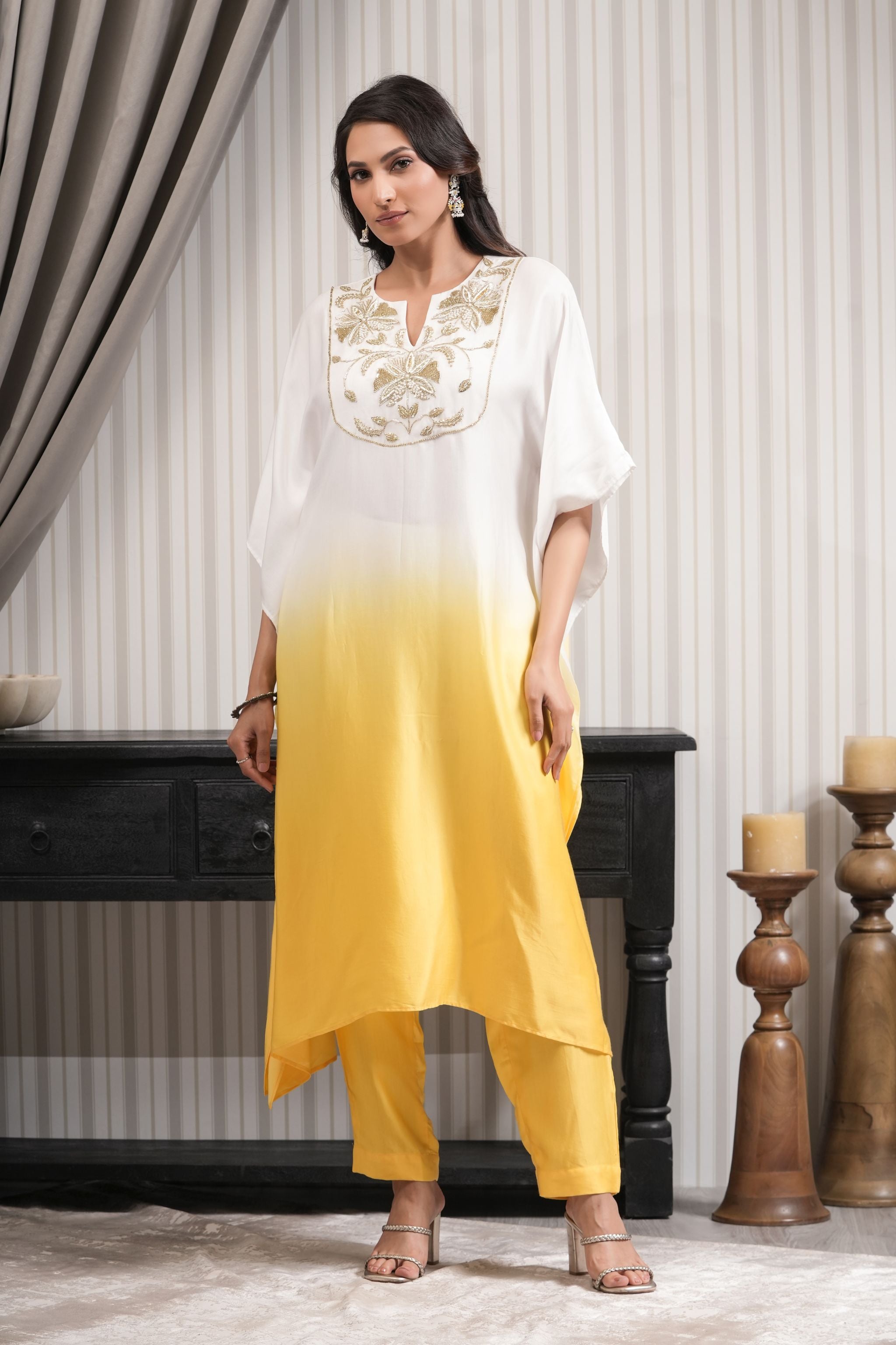 Embroidered Asymmetric Kurta Set - Yellow