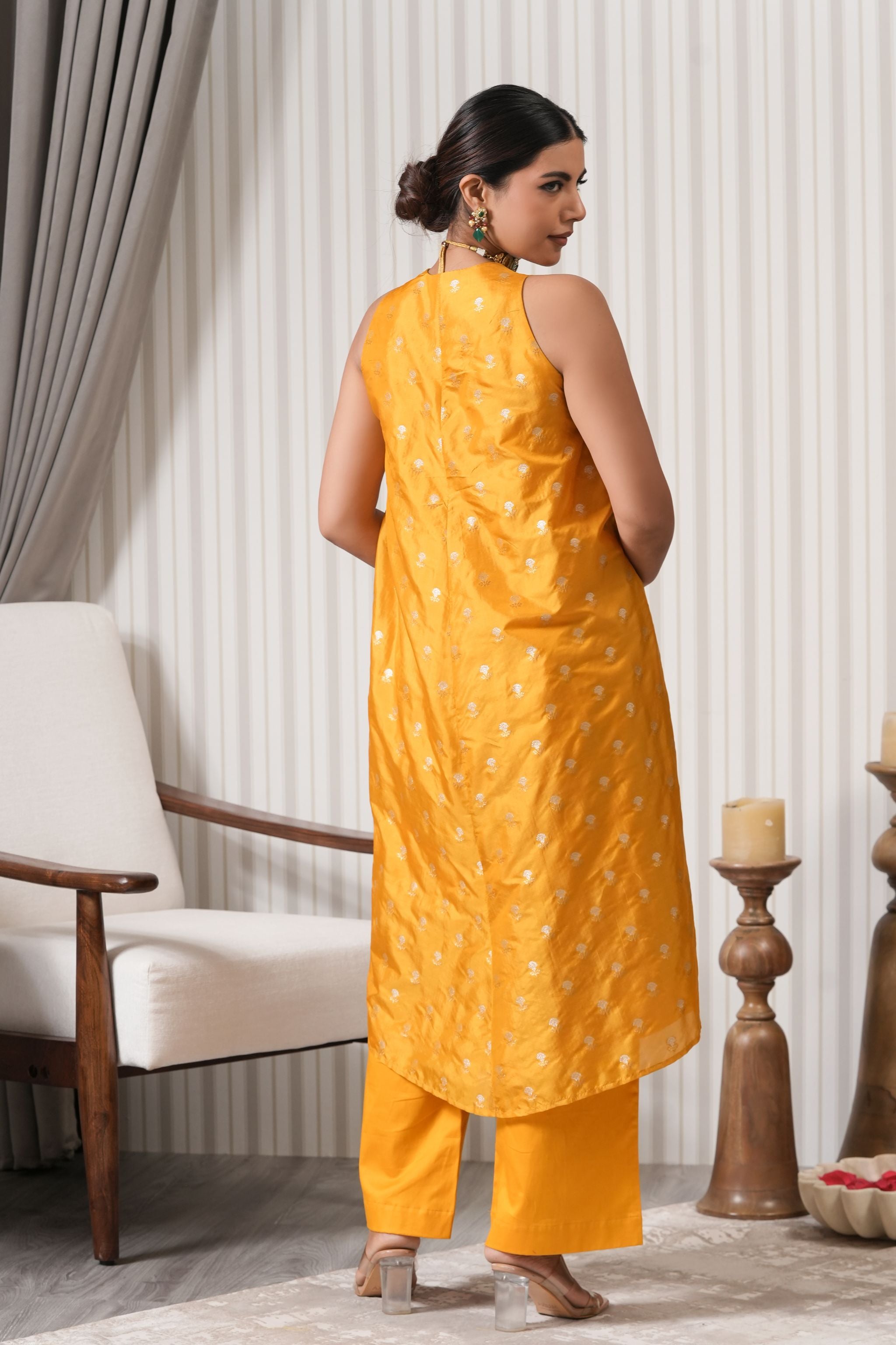 Embroidered Pure Brocade A-line Kurta Set - Yellow