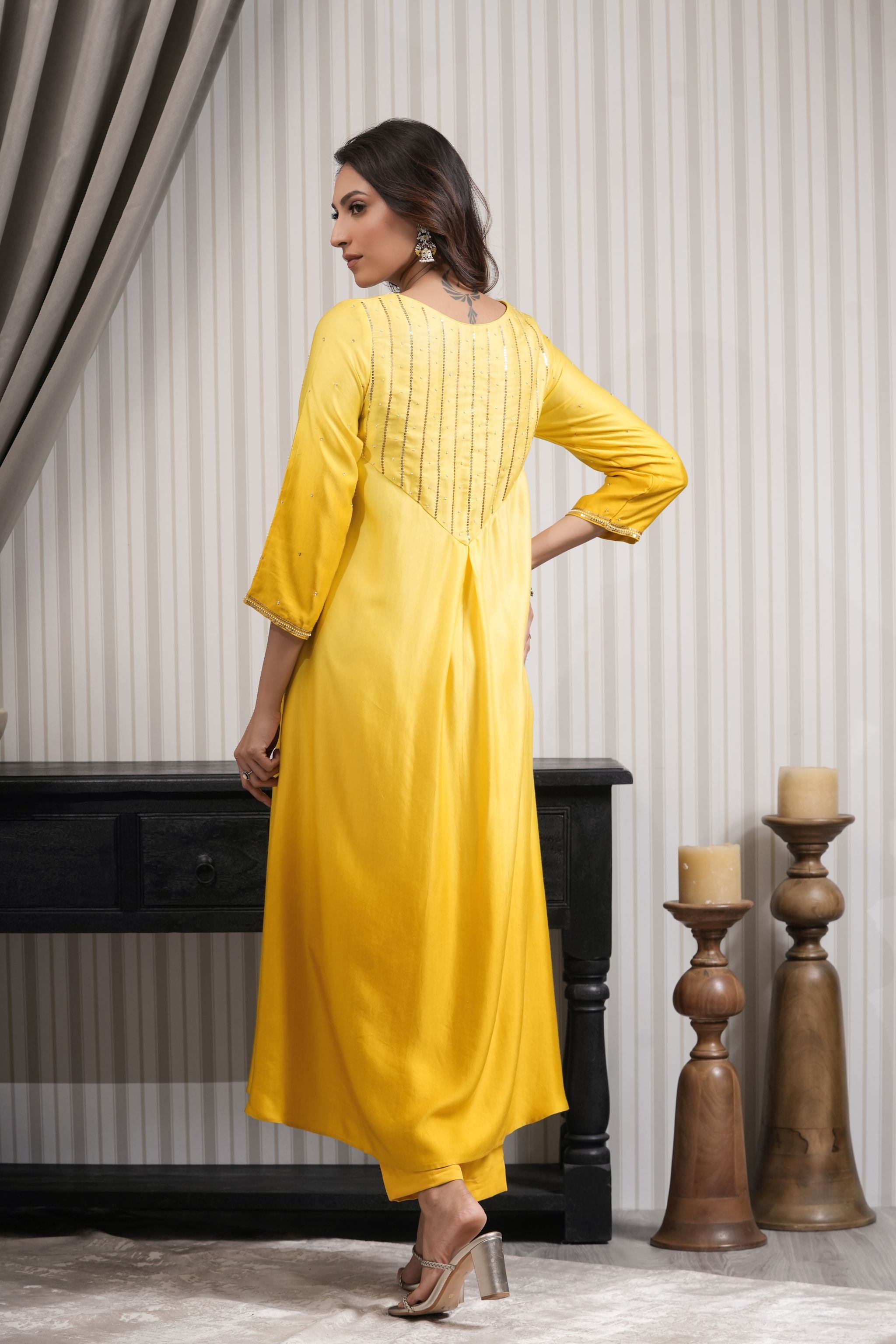 Embroidered Silk A-line Kurta Set - Yellow
