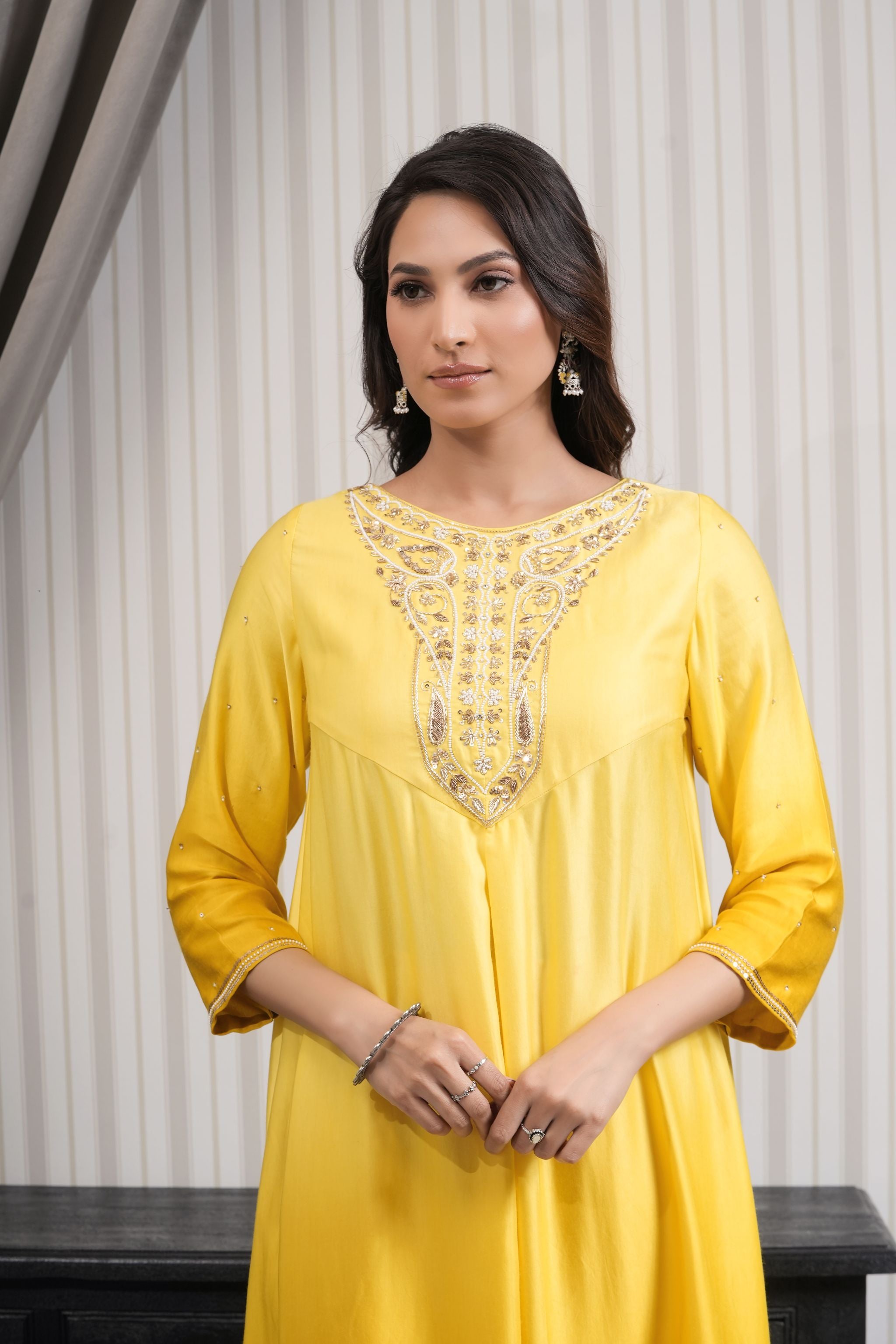Embroidered Silk A-line Kurta Set - Yellow