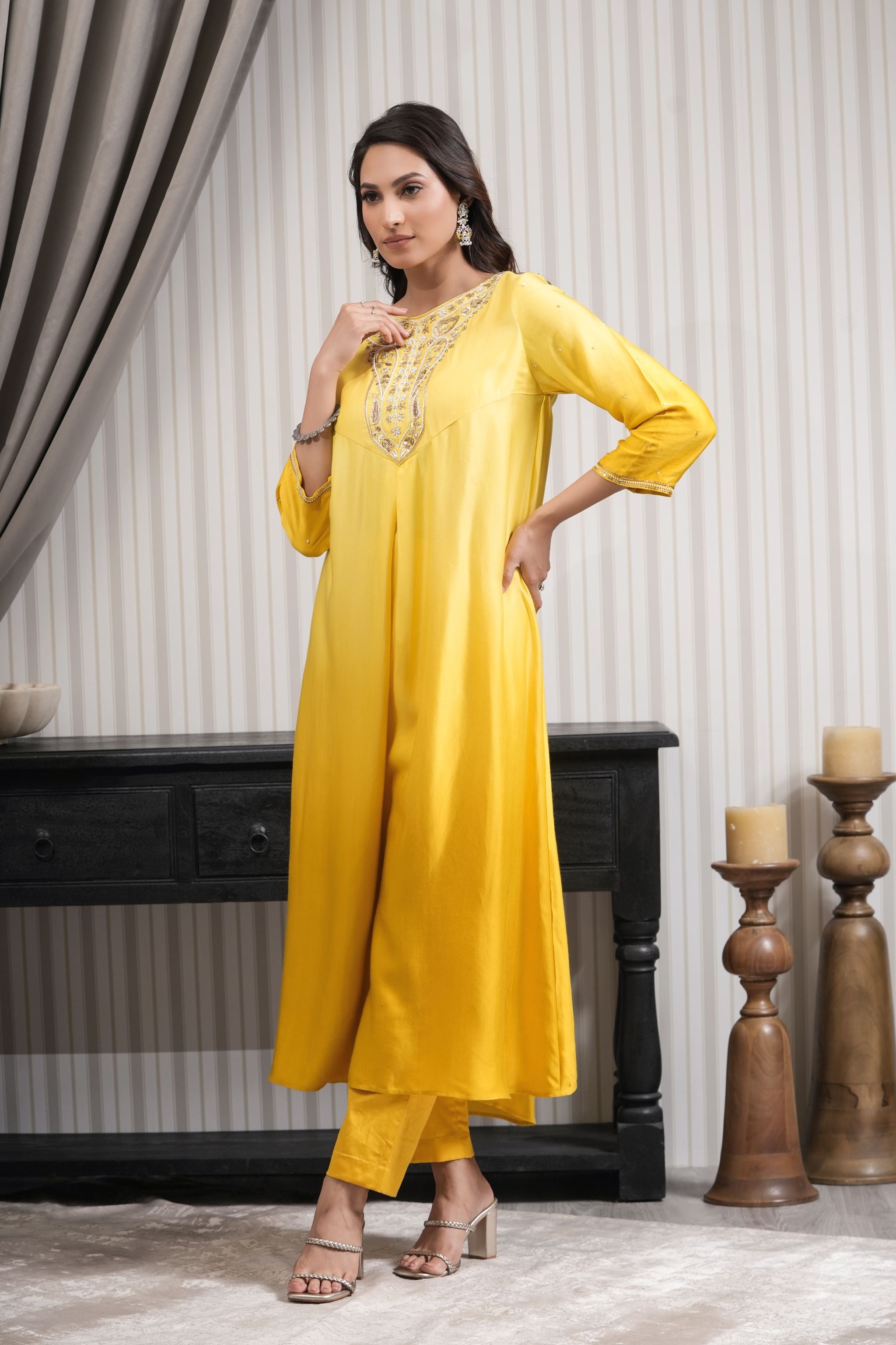 Embroidered Silk A-line Kurta Set - Yellow