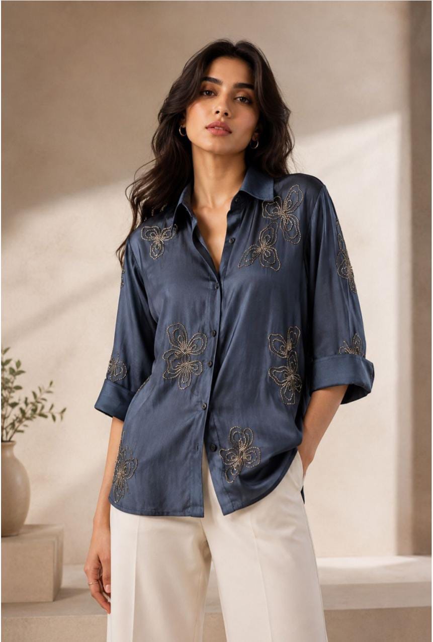 Midnight Bloom Embroidered Satin Shirt