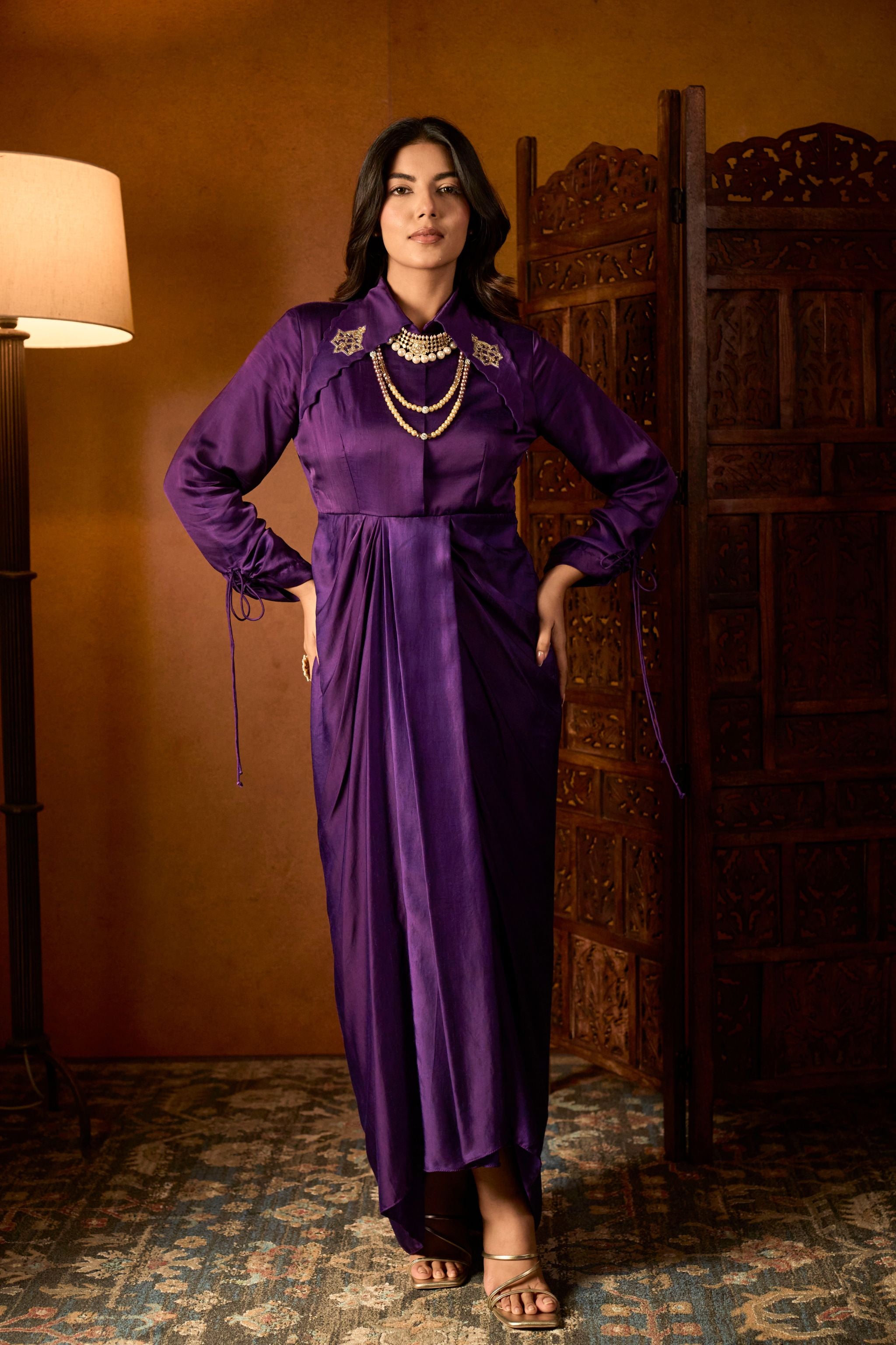 Elegent Purple Draped Dress