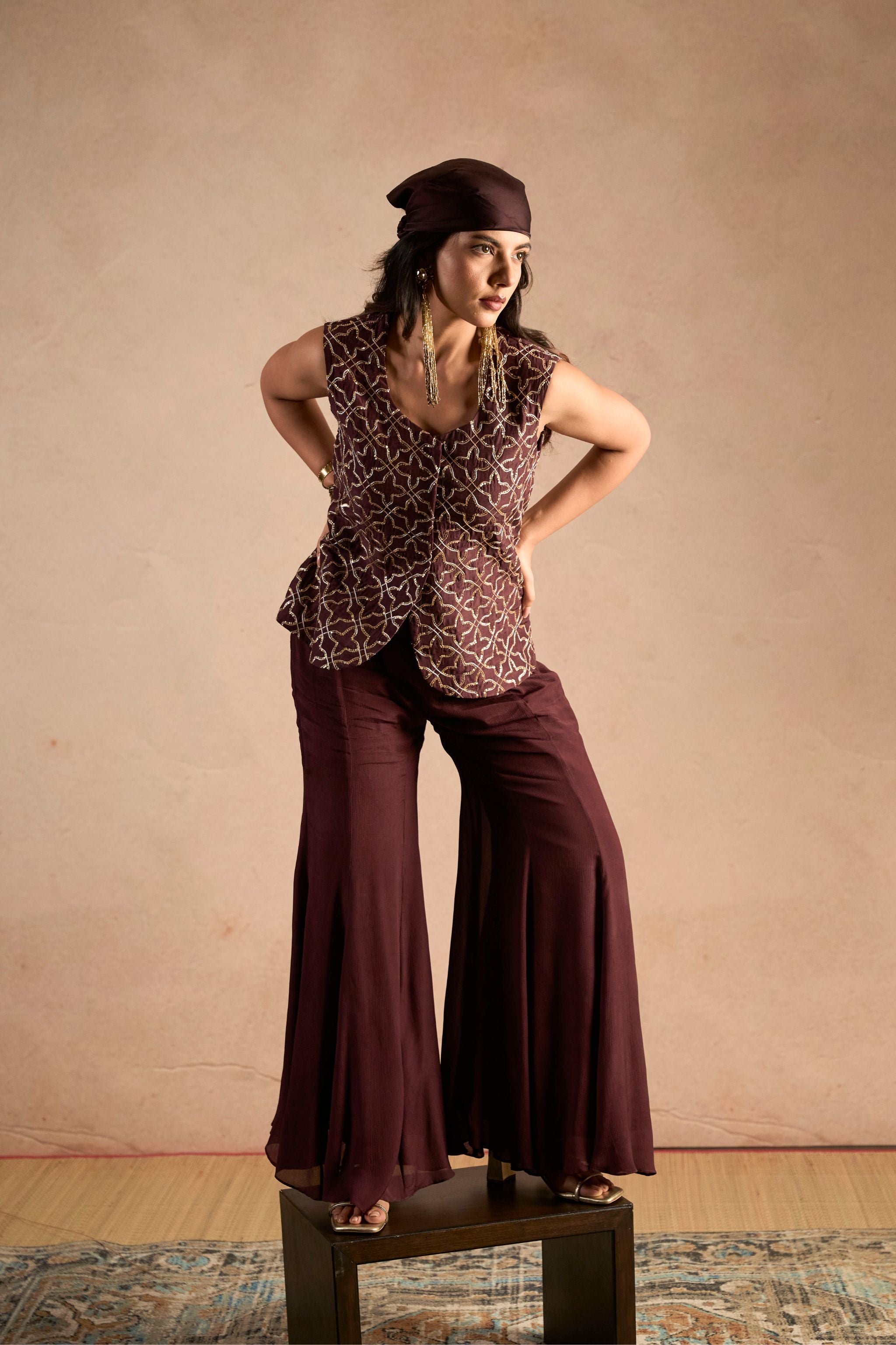 Embellished Waist coat with Flared Brown Pants