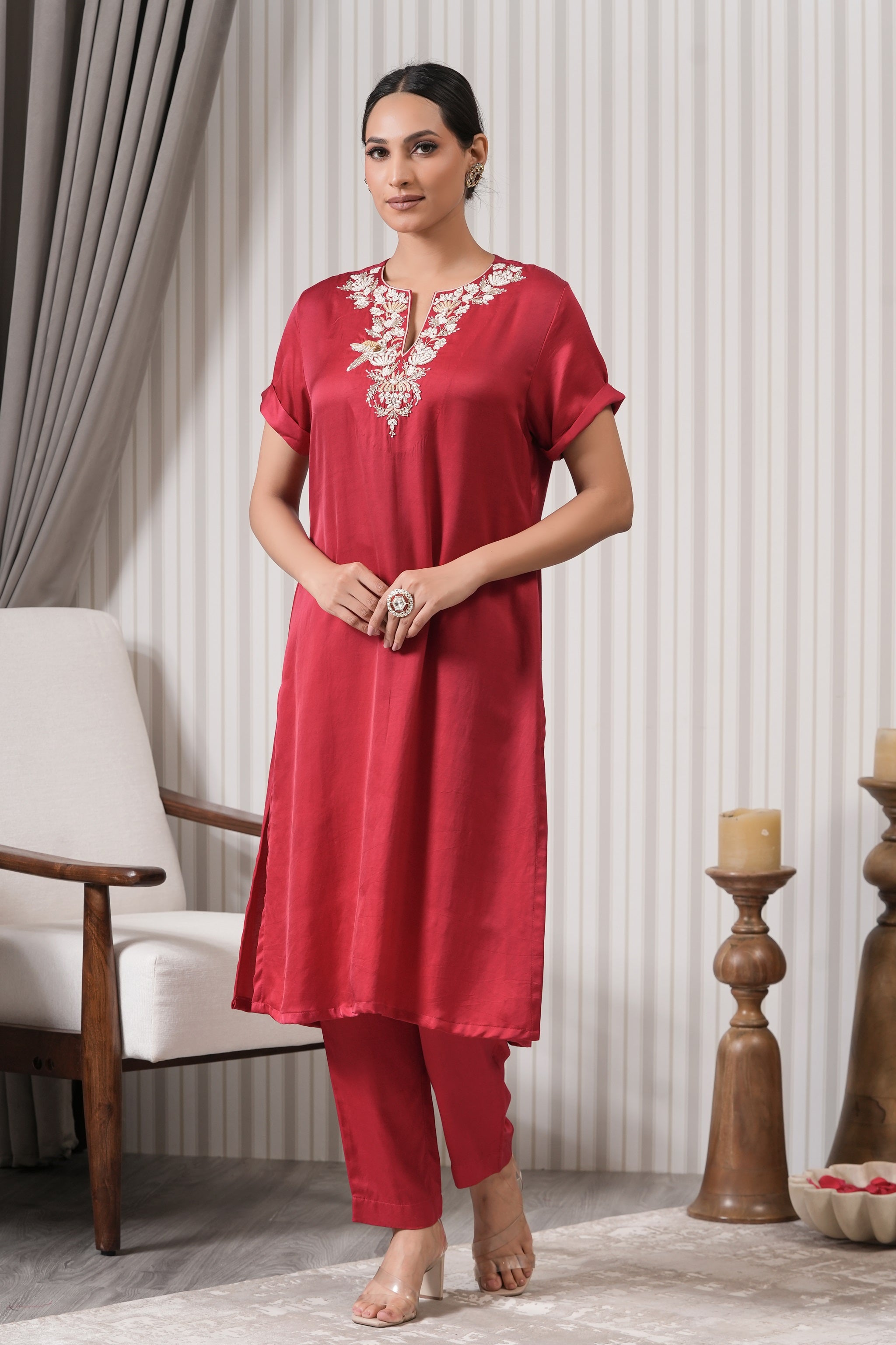 Embroidered Silk Straight Kurta Set - Red Pink