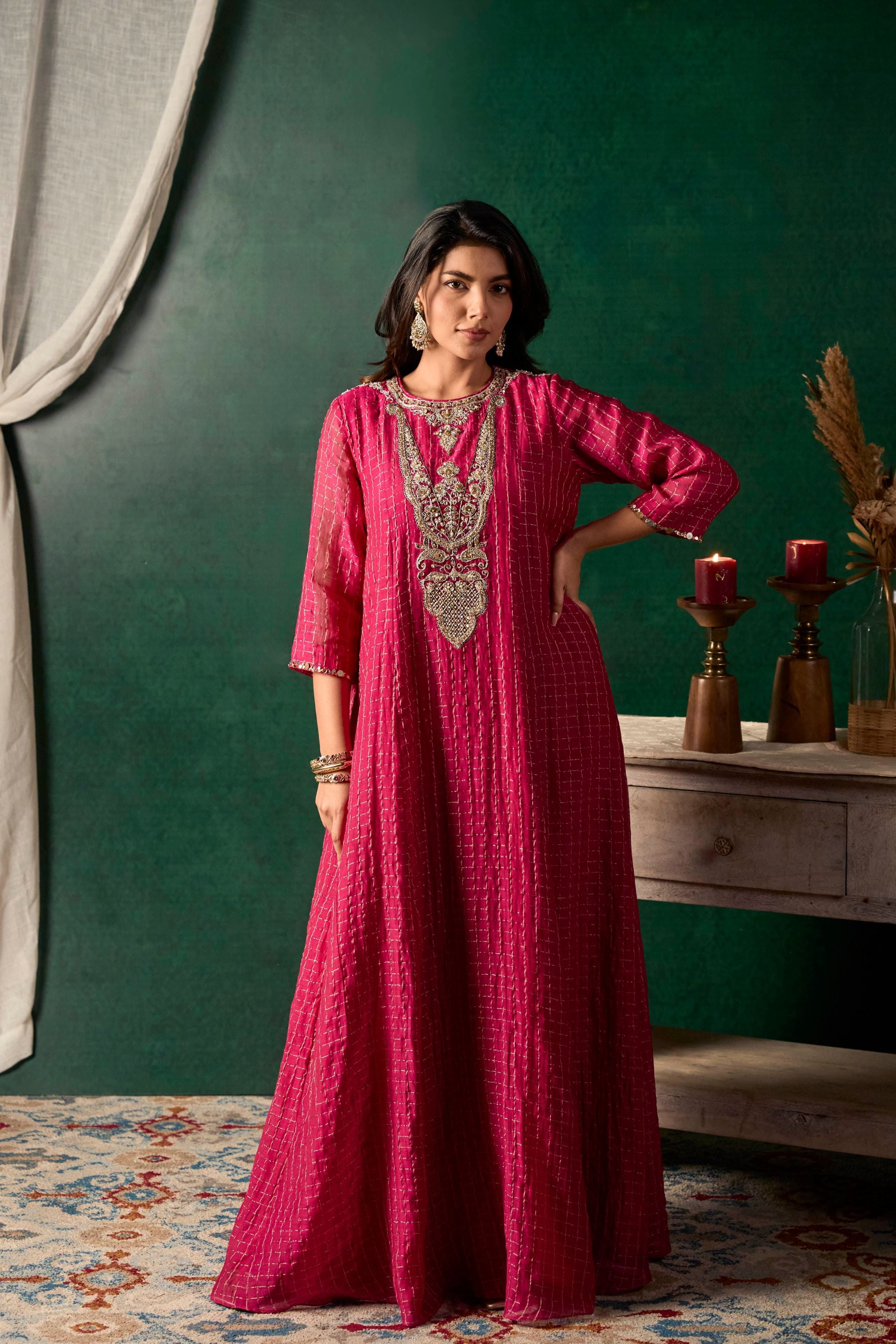 Embroidered Checkered Print Dress