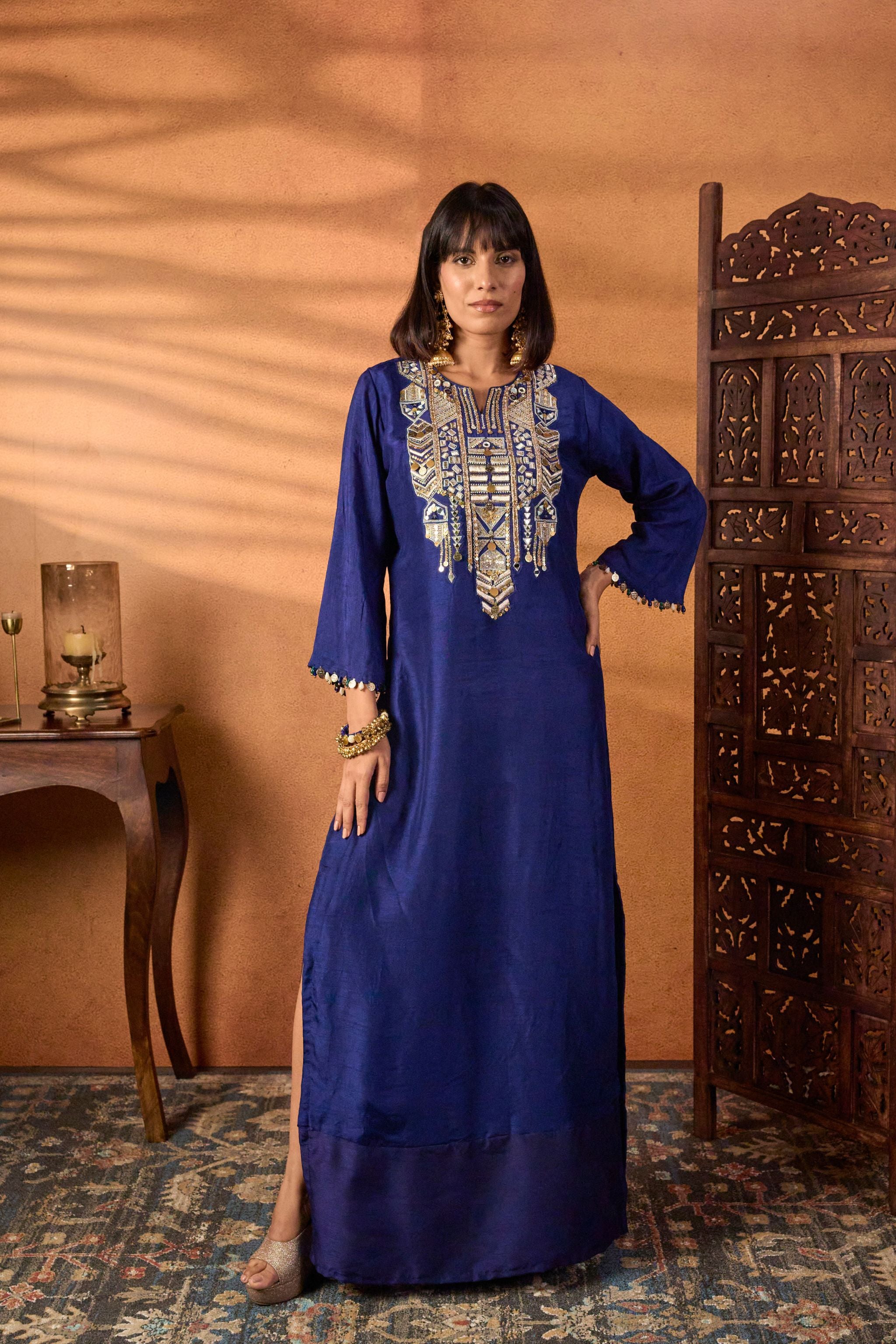 Embroidered Blue Kaftan Dress