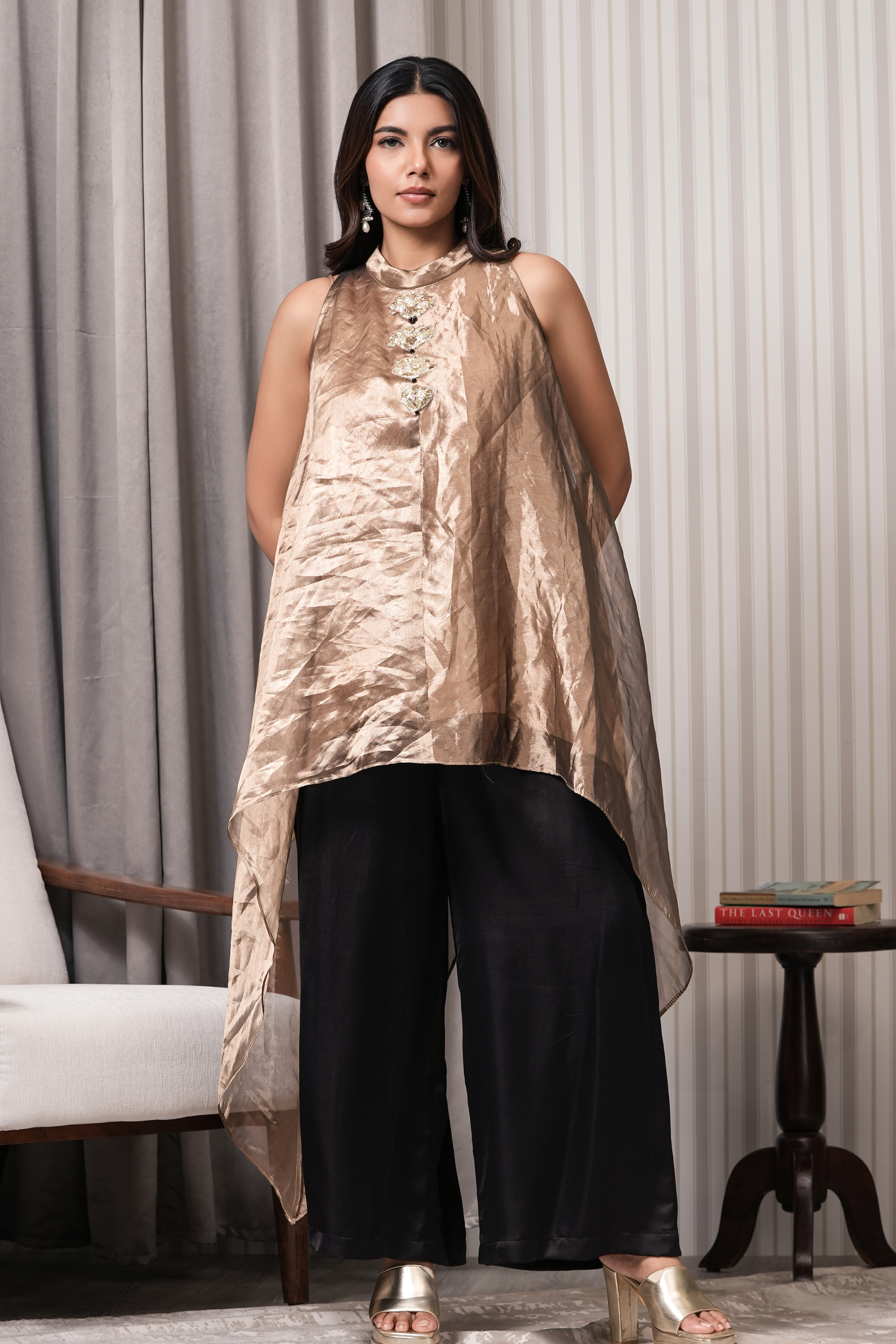 Embroidered Pure Silk Tissue Asymmetric Kurta Set - Copper