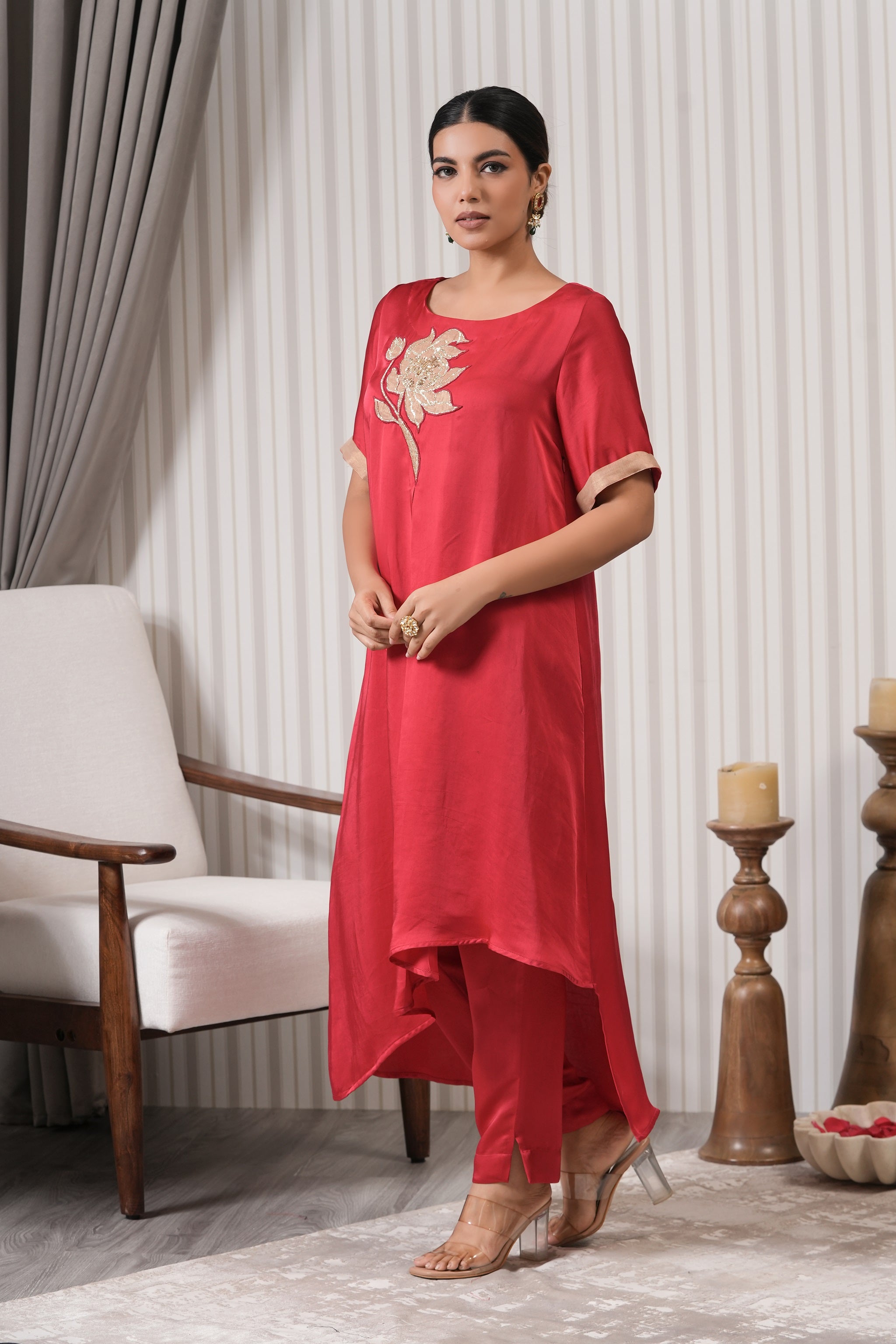 Embroidered Silk Asymmetric Kurta Set - Red Pink