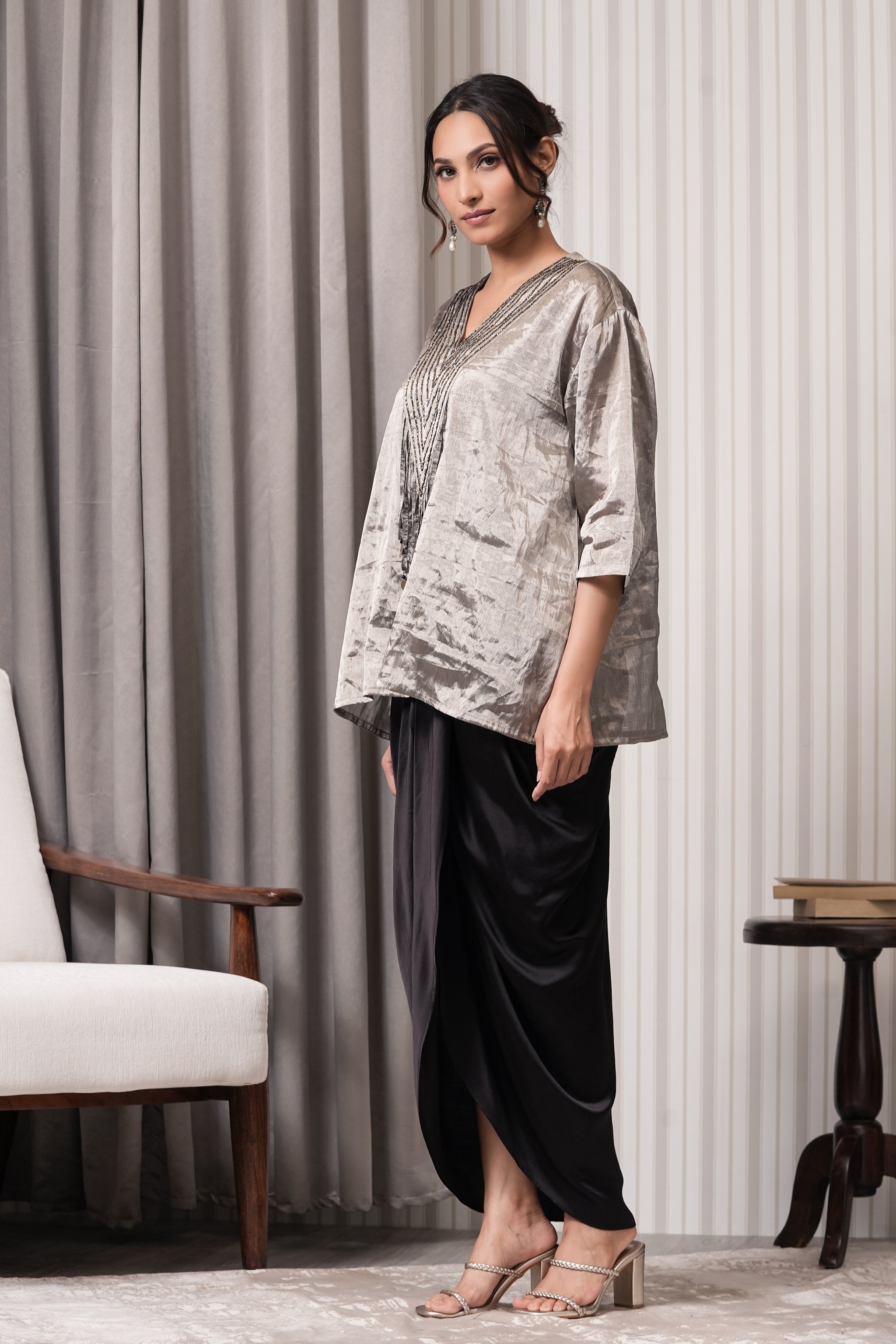 Embroidered Pure Silk Top with Draping Skirt- Silver