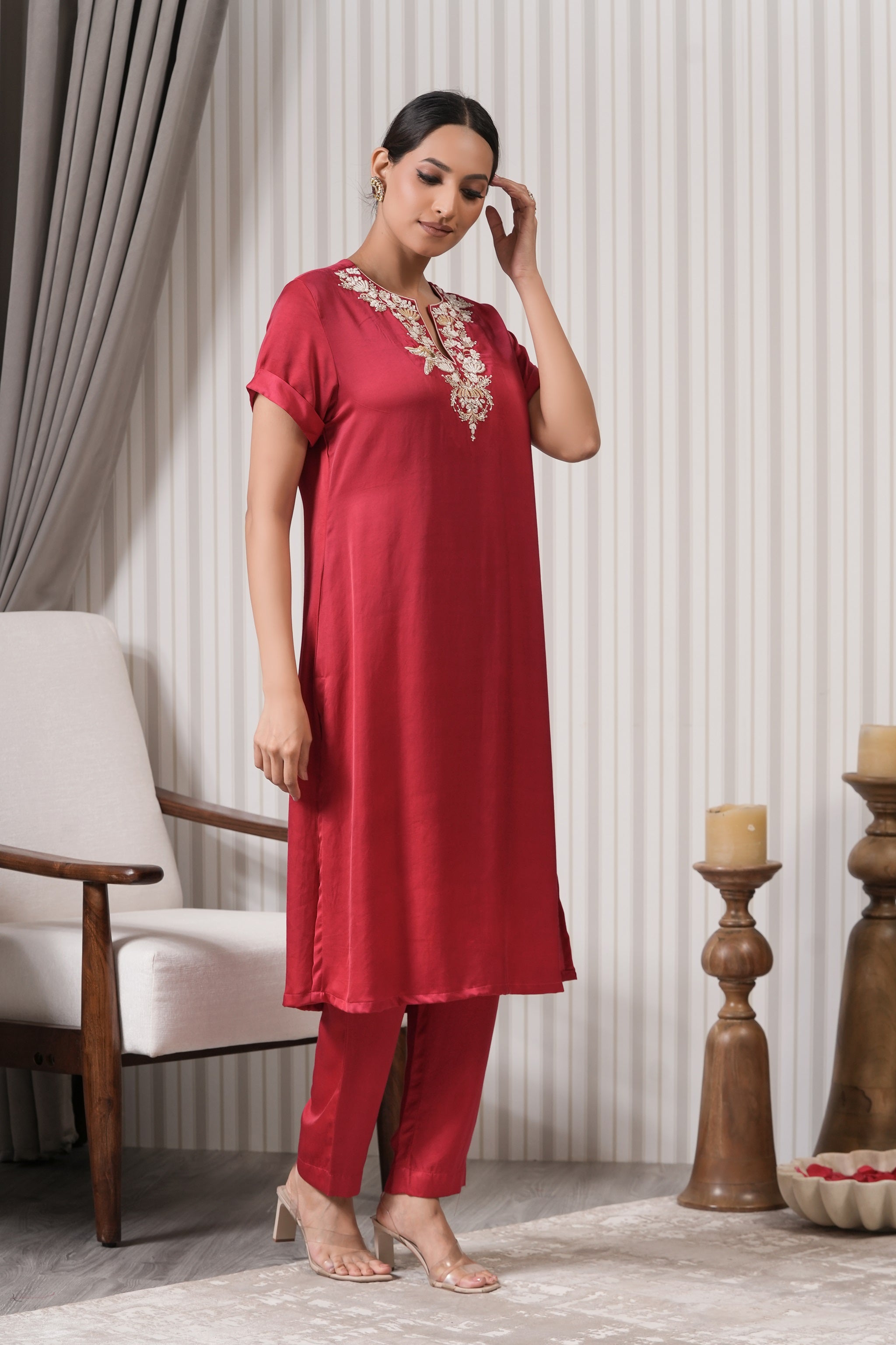 Embroidered Silk Straight Kurta Set - Red Pink