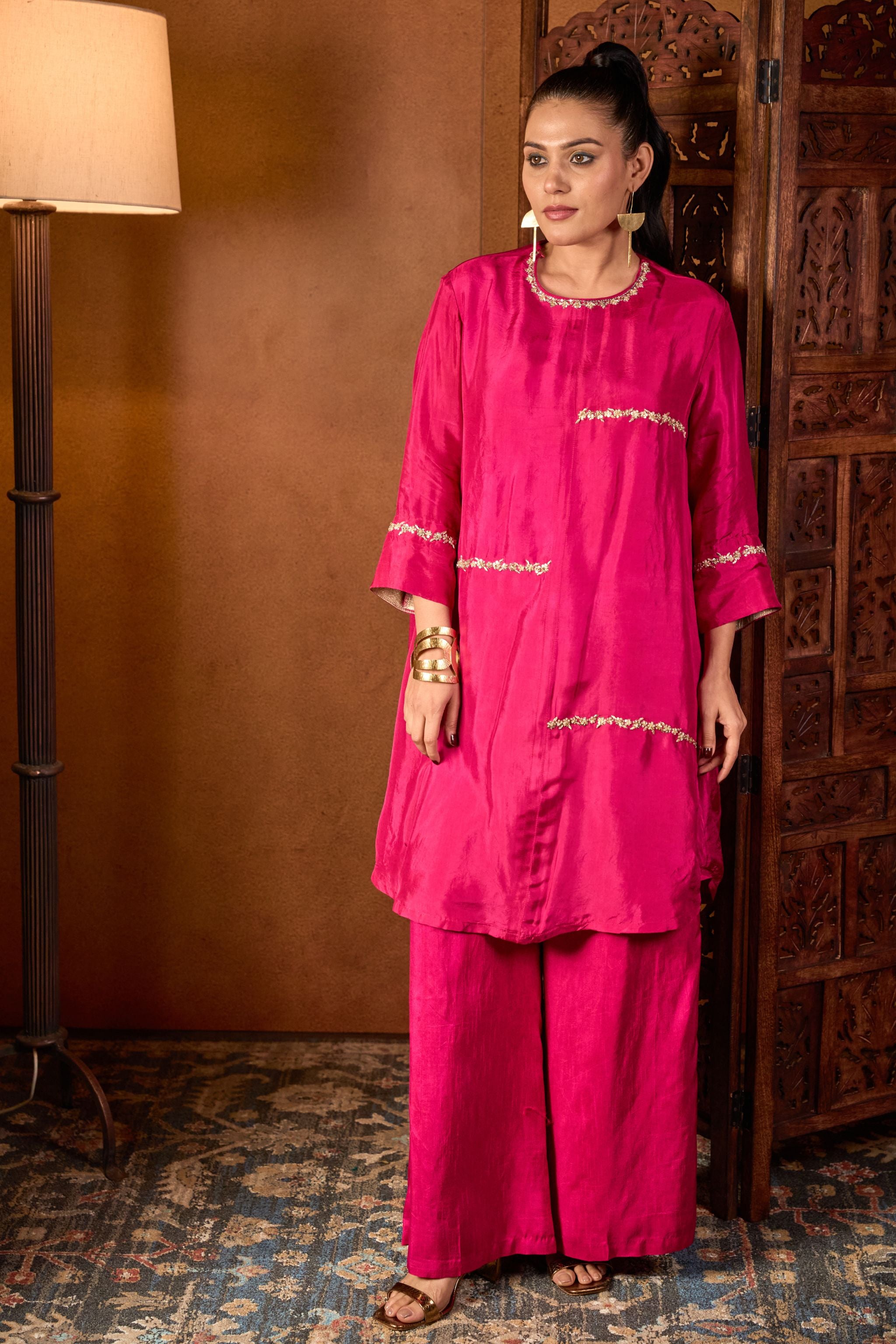 Embroidered Pink Kurta Palazzo Set