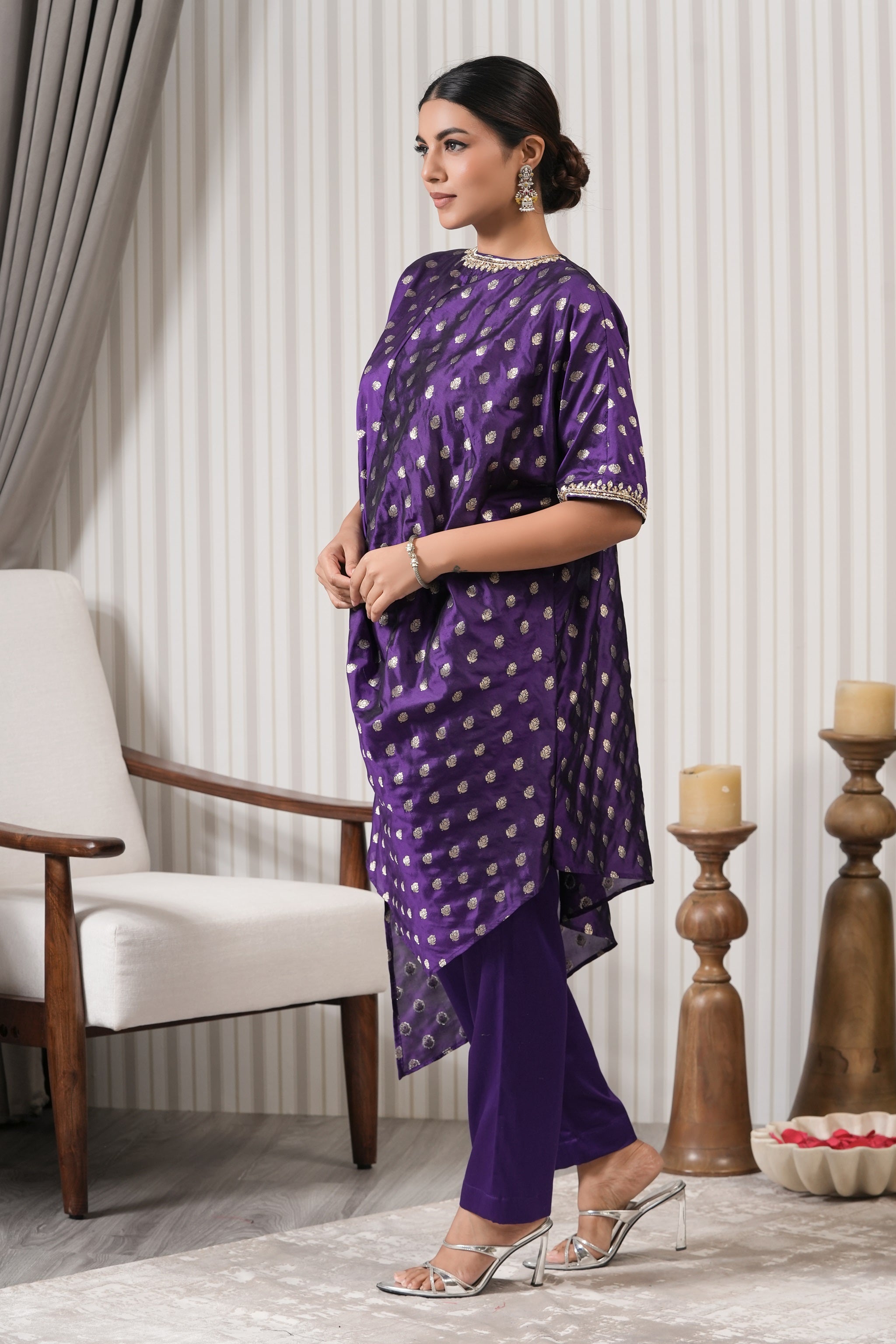 Embroidered Pure Brocade Kurta Set - Purple