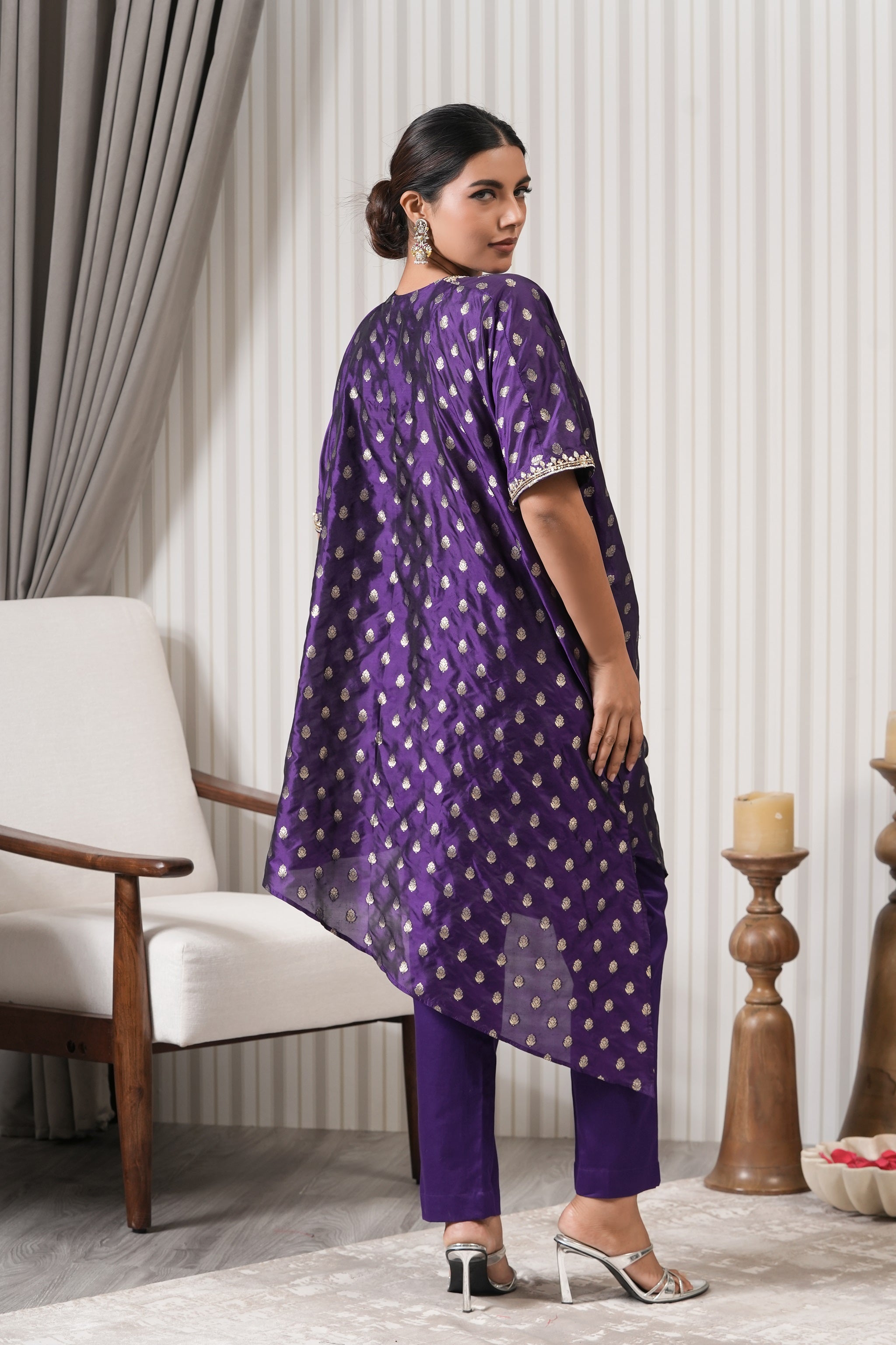 Embroidered Pure Brocade Kurta Set - Purple