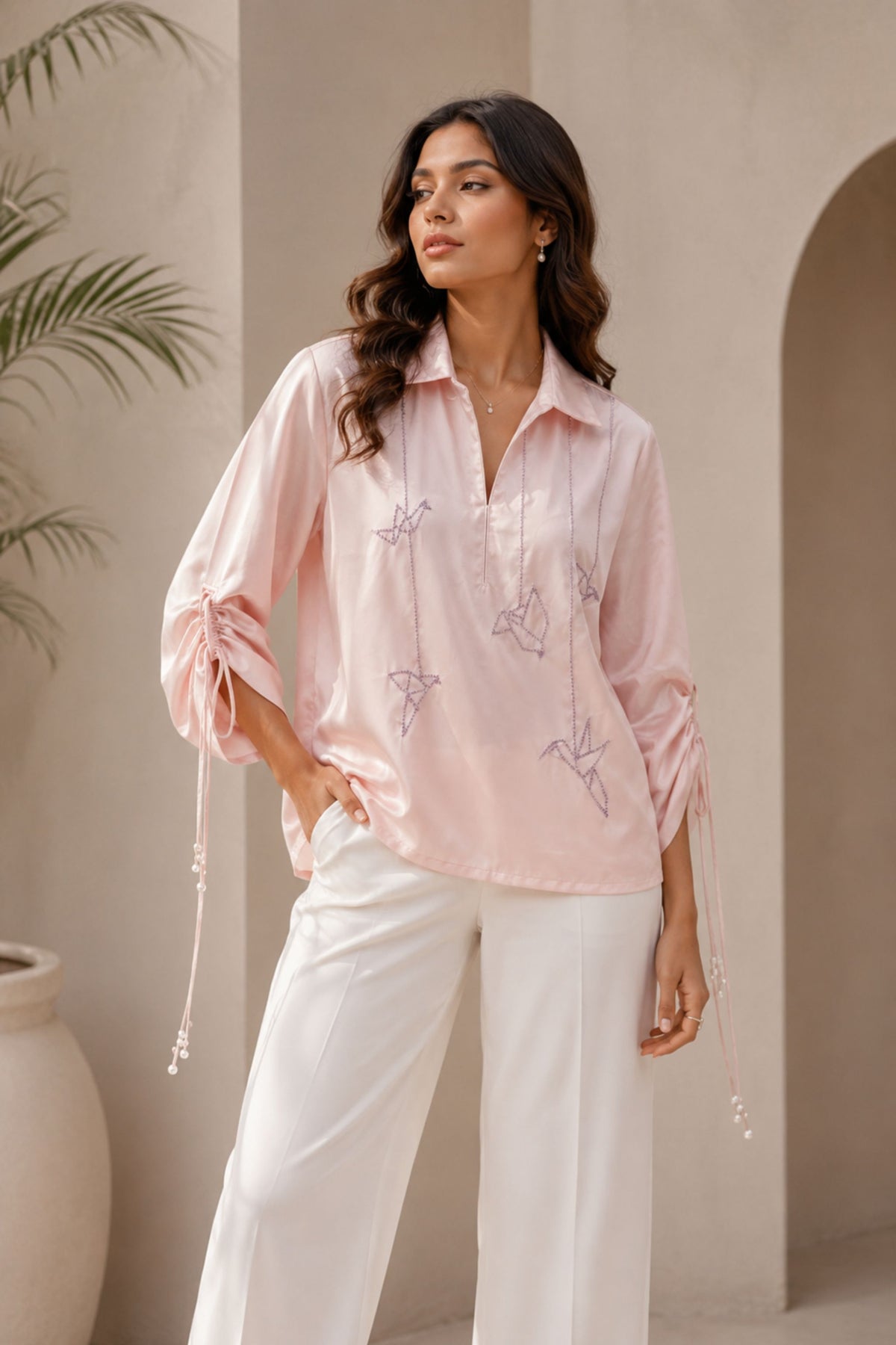 The Origami Crane Embroidered Satin Top