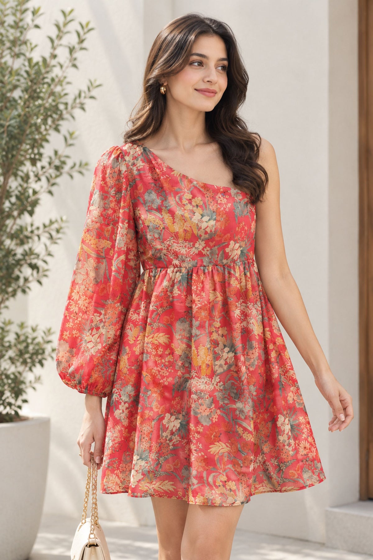 Coral Bloom One-Shoulder Dress