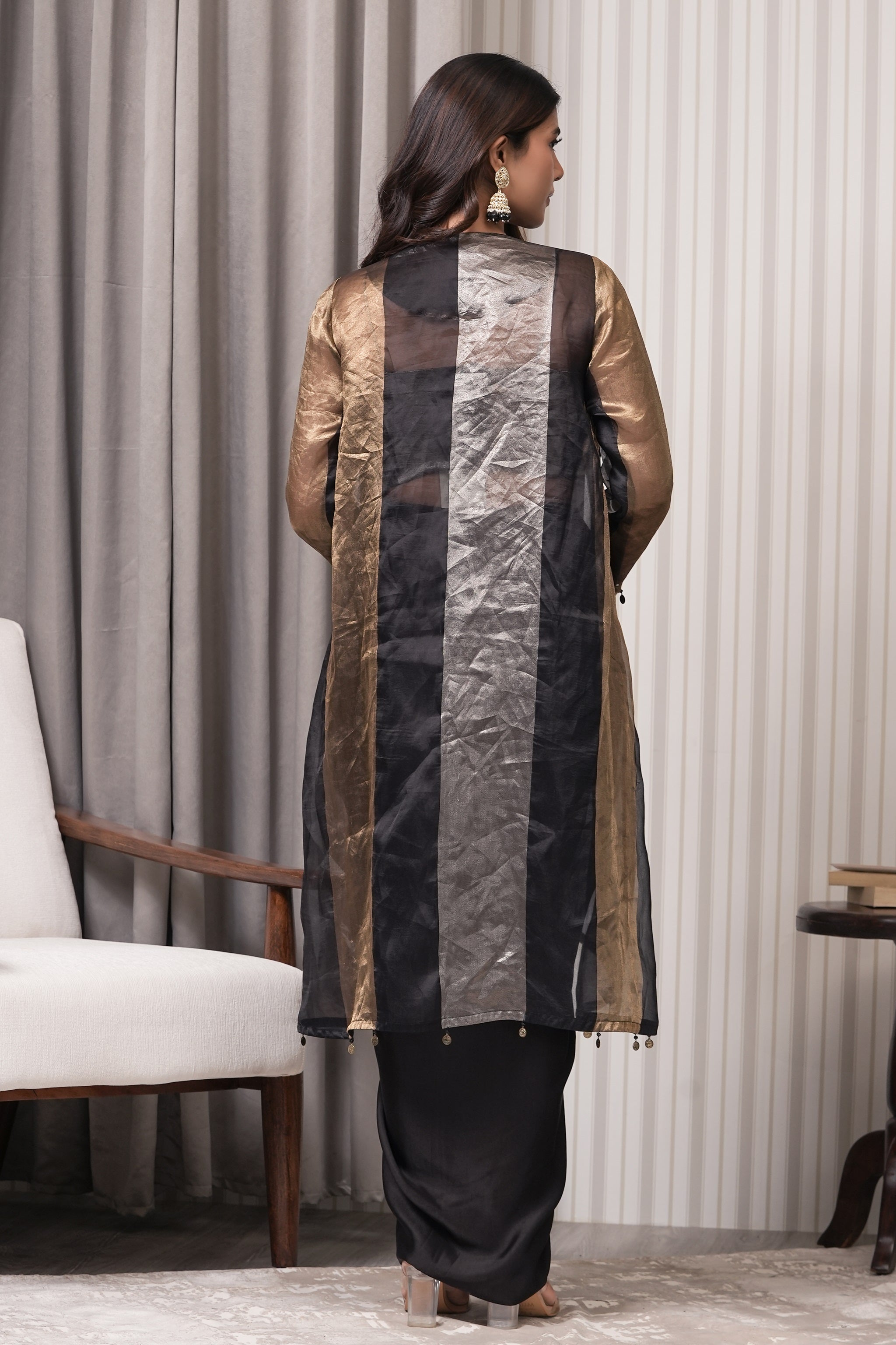 Pure Silk Tissue Bustier with Draping Skirt and Jacket- Black Copper
