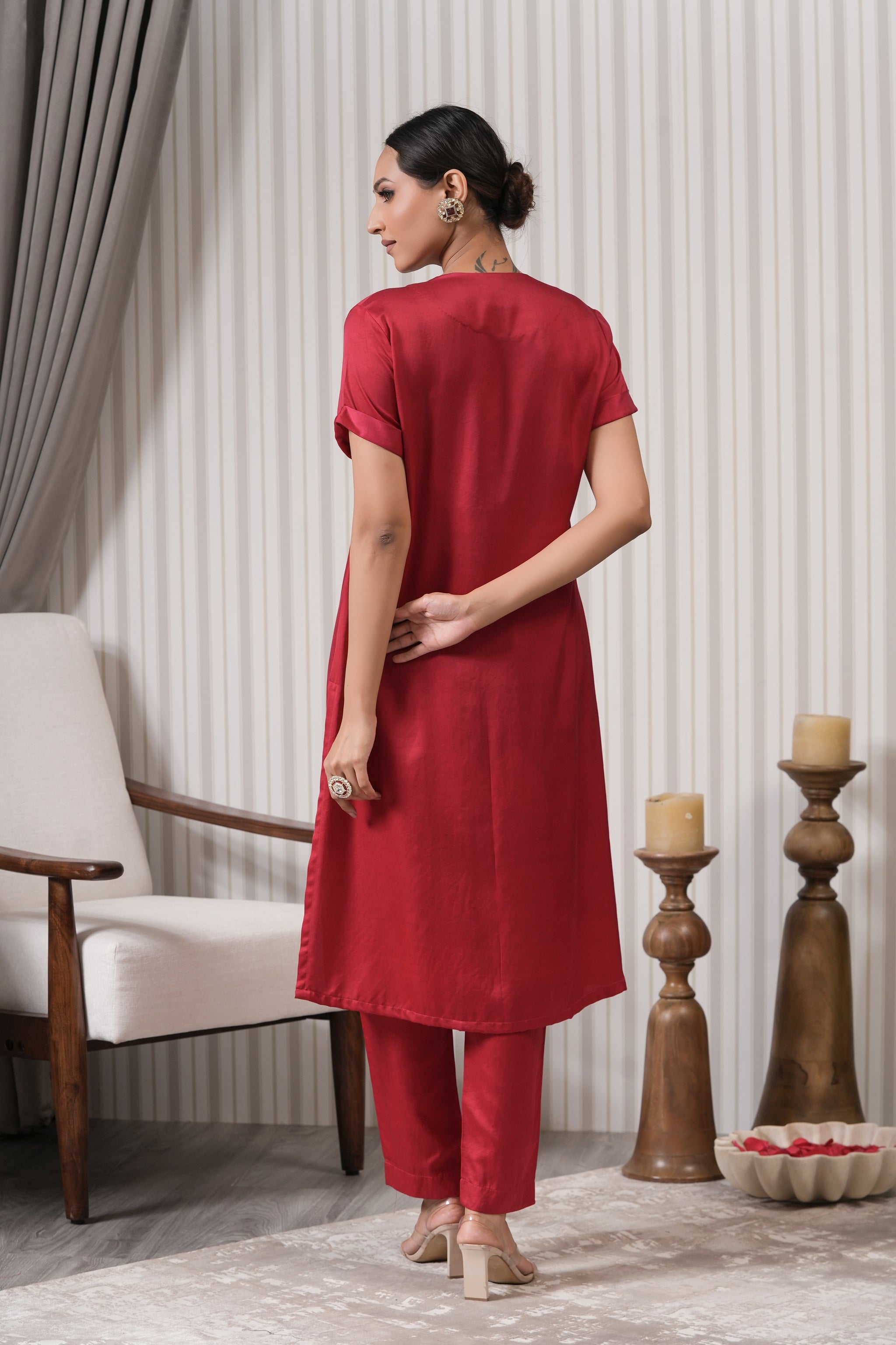 Embroidered Silk Straight Kurta Set - Red Pink