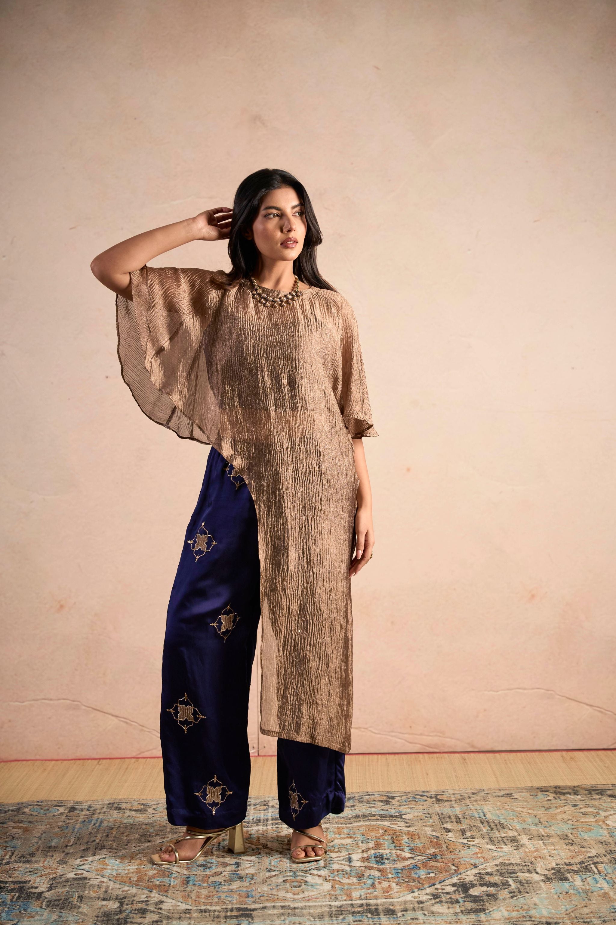 Metallic Top & Embellished Navy Pants