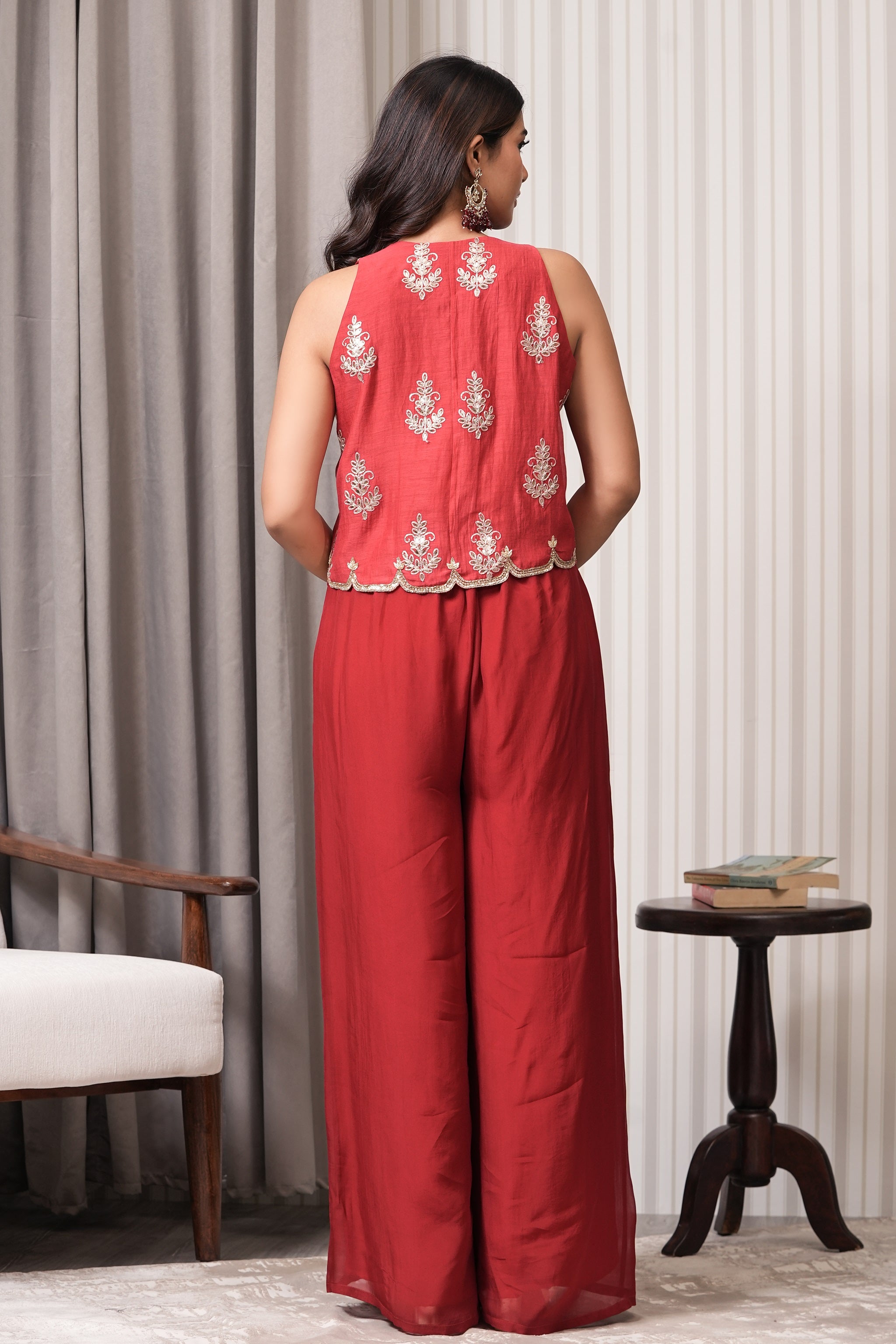 Embroidered Pure Chanderi Sharara Co-ord Set - Red