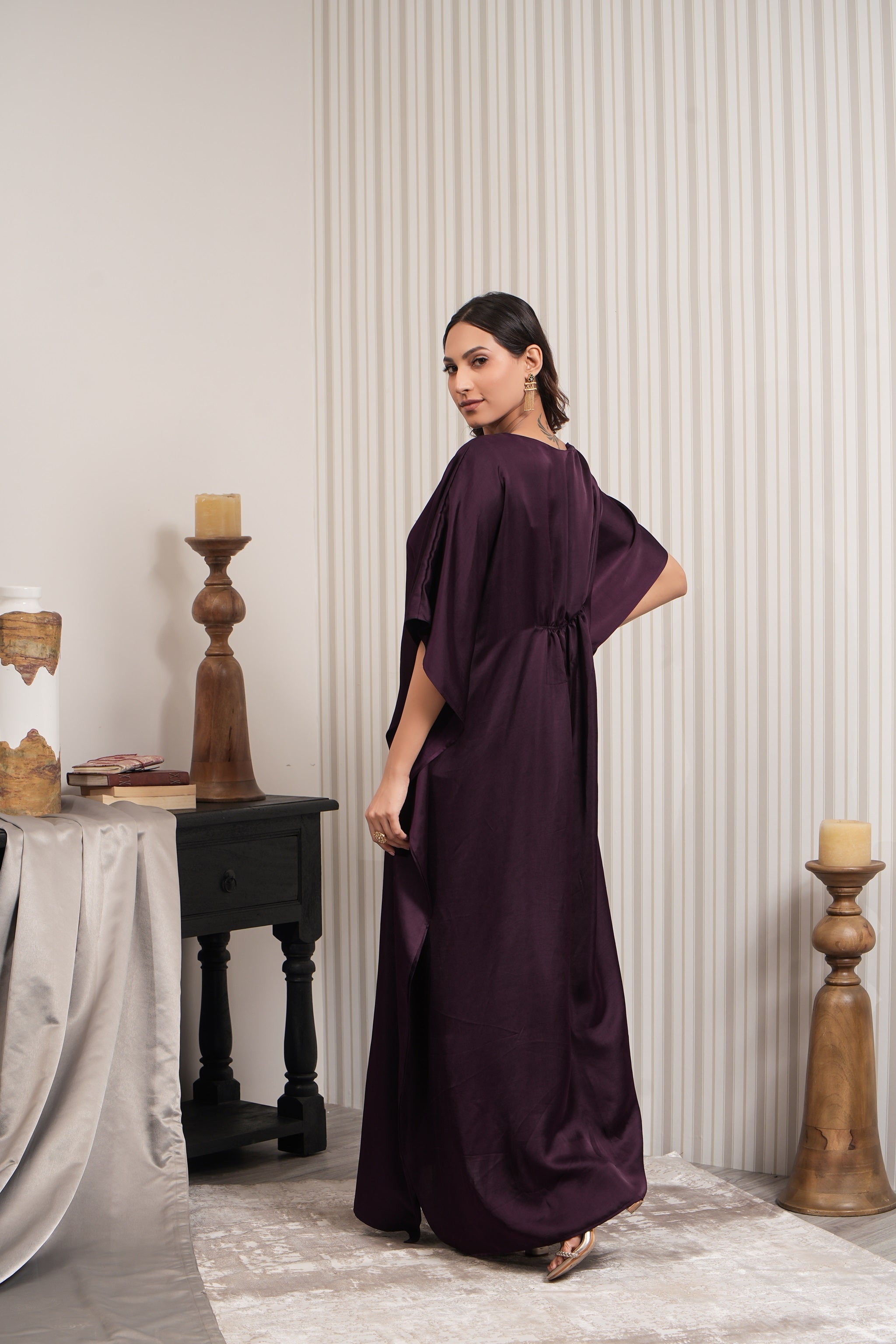 Embroidered Slub Satin Kaftan - Wine