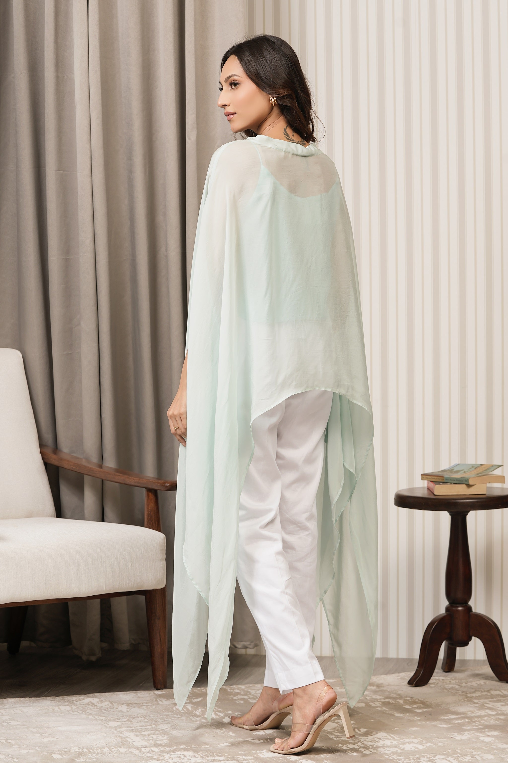 Handcrafted Viscose Organza Cape Kurta - Mint