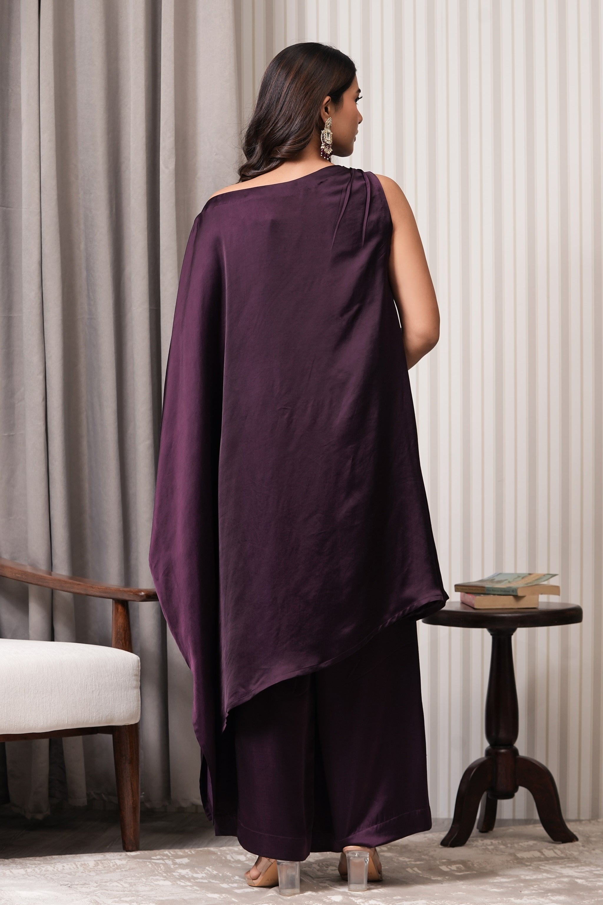 One Shoulder Asymmetric Kurta Set - Purple