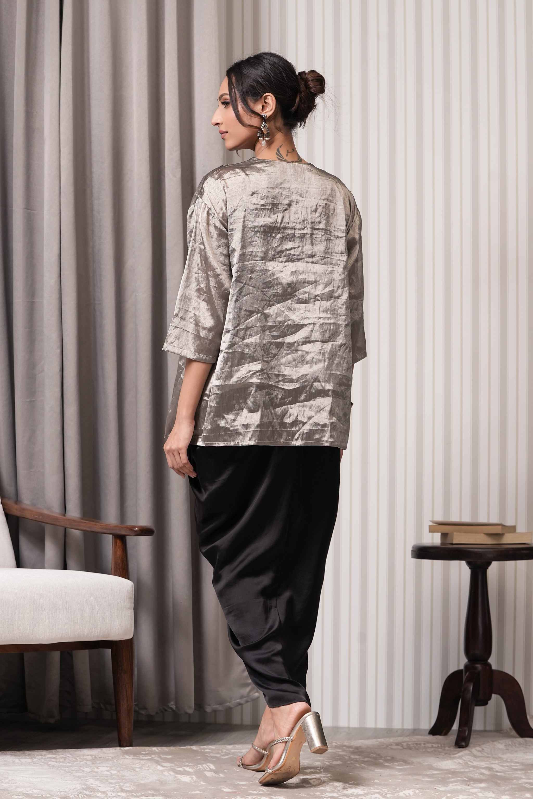 Embroidered Pure Silk Top with Draping Skirt- Silver