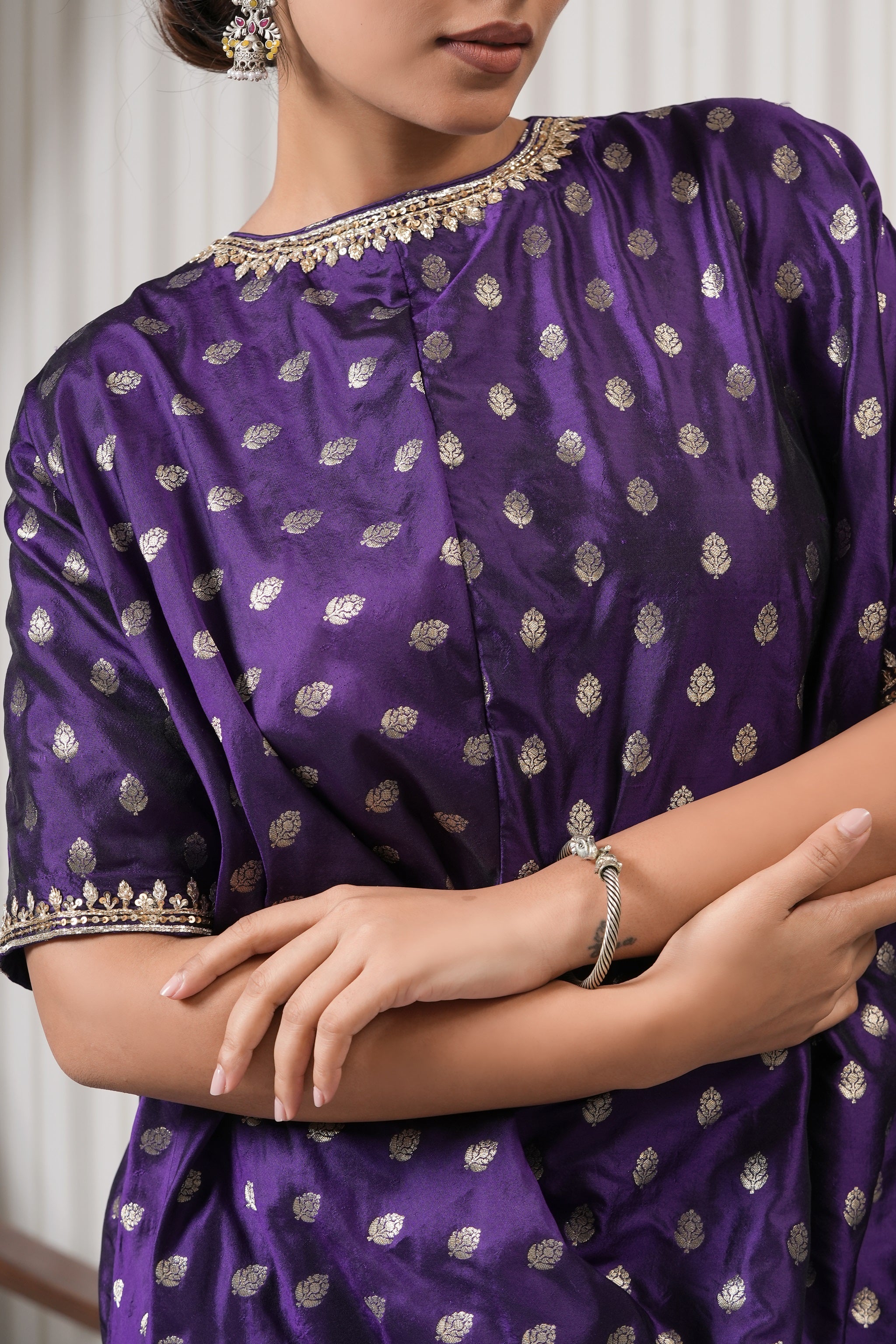 Embroidered Pure Brocade Kurta Set - Purple
