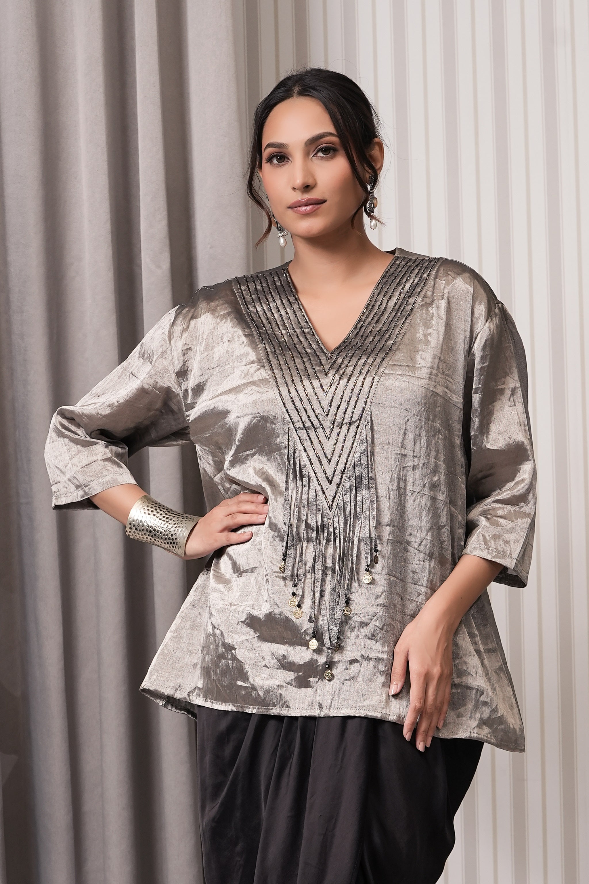 Embroidered Pure Silk Top with Draping Skirt- Silver